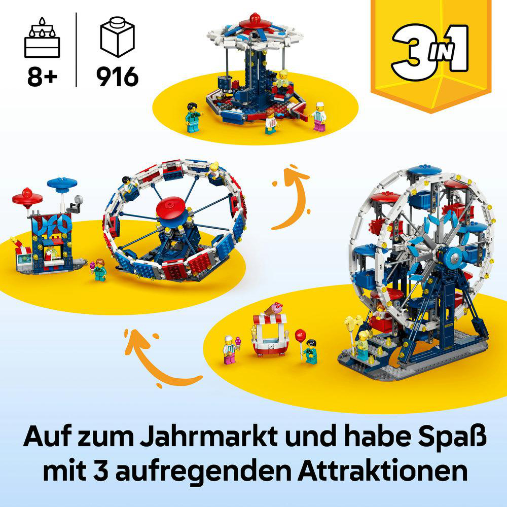 Lego-Attraktionen: Karussell, Riesenrad und Achterbahn mit Figuren.