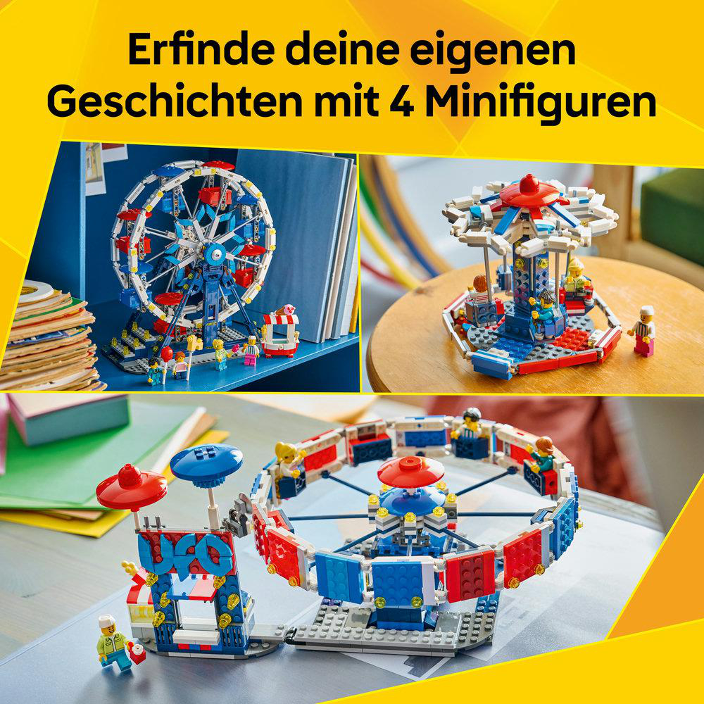Drei Lego-Karussells mit Minifiguren: Riesenrad, Rundkarussell, Kettenkarussell.