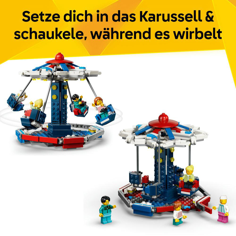 Zwei LEGO-Karusselle mit Minifiguren, eines schaukelt.