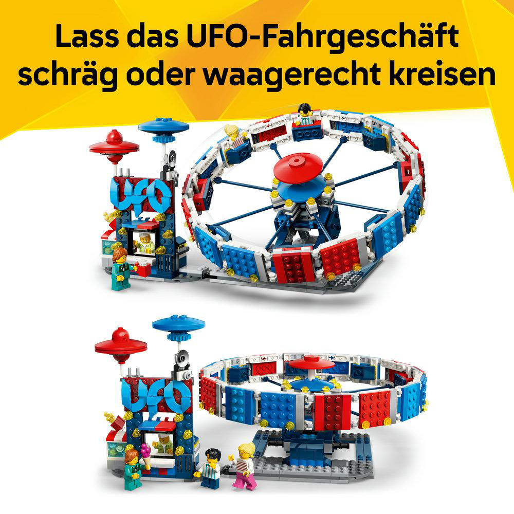 Zwei Lego-Modelle einer Fahrgeschäft-Attraktion mit Minifiguren. Eines ist schräg, das andere waagerecht.