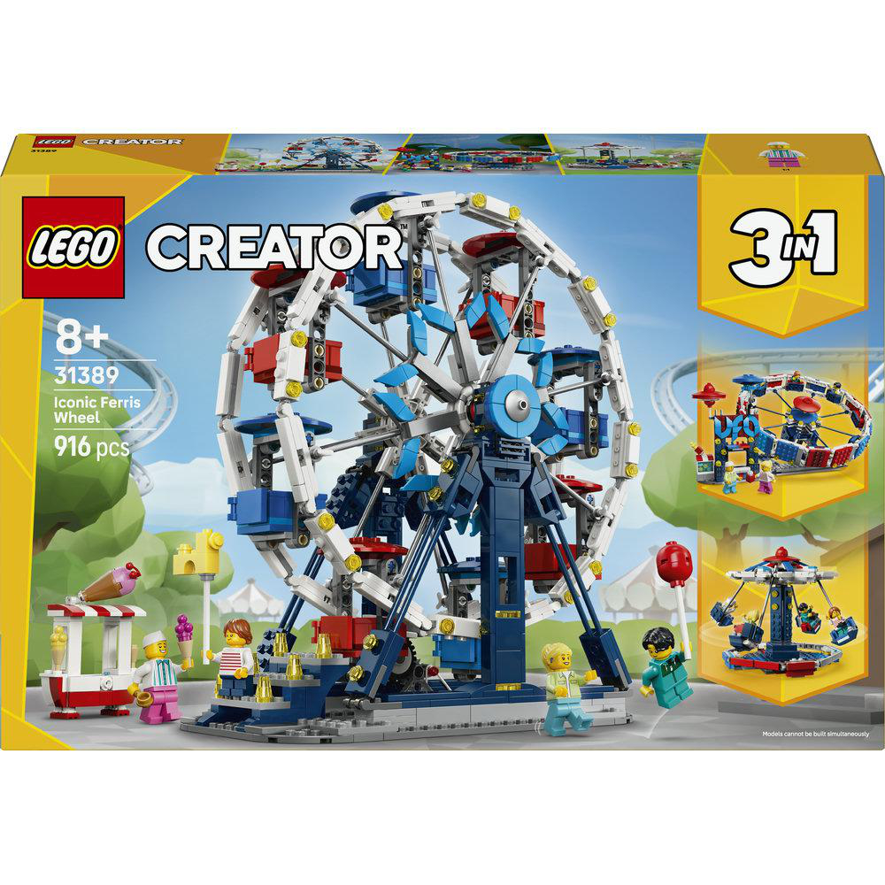 Lego Creator Set mit einem großen, blauen und weißen Riesenrad und Figuren.
