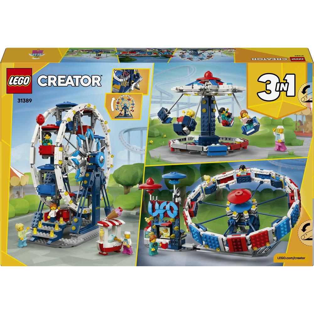 LEGO Creator Box mit Fahrgeschäften: Riesenrad, Karussell und Kettenkarussell.