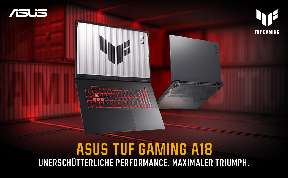 Zwei Asus Laptops im dunklen Raum, einer offen mit roter Tastatur.
