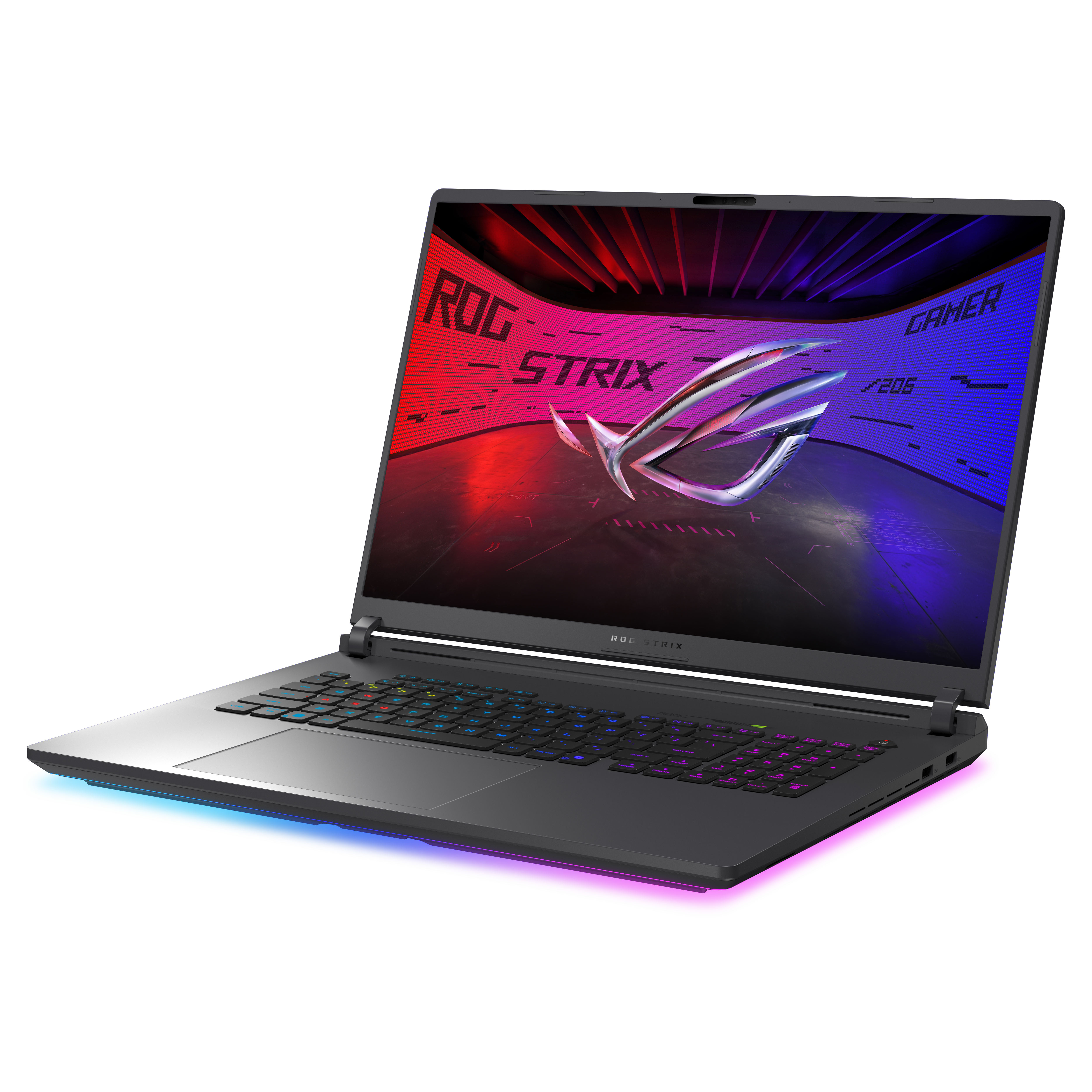 Ein offener schwarzer Laptop mit beleuchteter Tastatur und ROG-Logo auf dem Bildschirm.