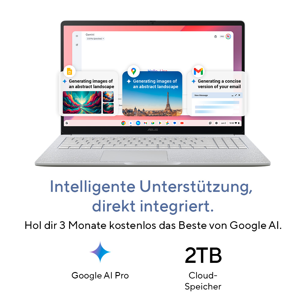Ein Laptop zeigt die Gemini-KI von Google mit Bildgenerierung und E-Mail-Zusammenfassung.