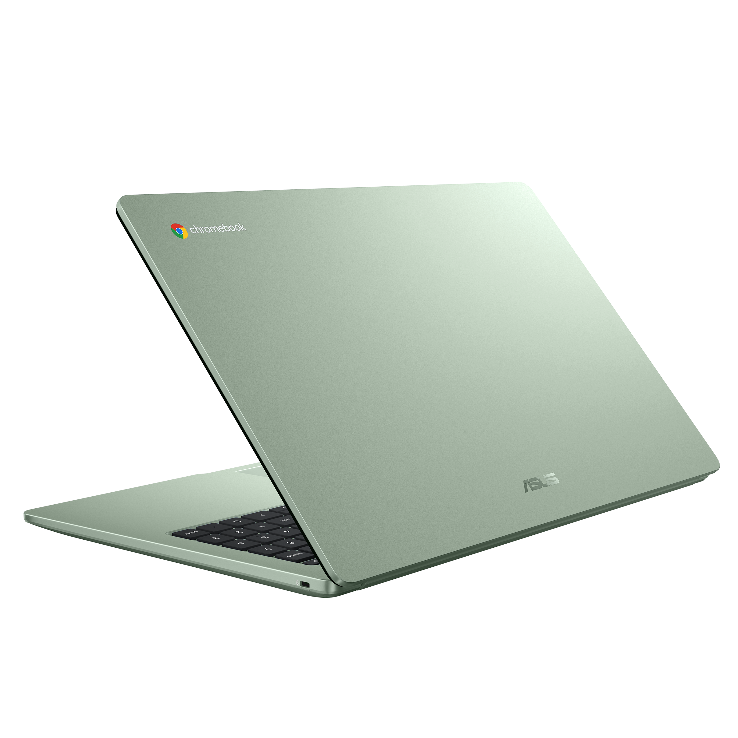 Ein hellgrüner Chromebook-Laptop mit geöffnetem Display auf schwarzem Hintergrund.