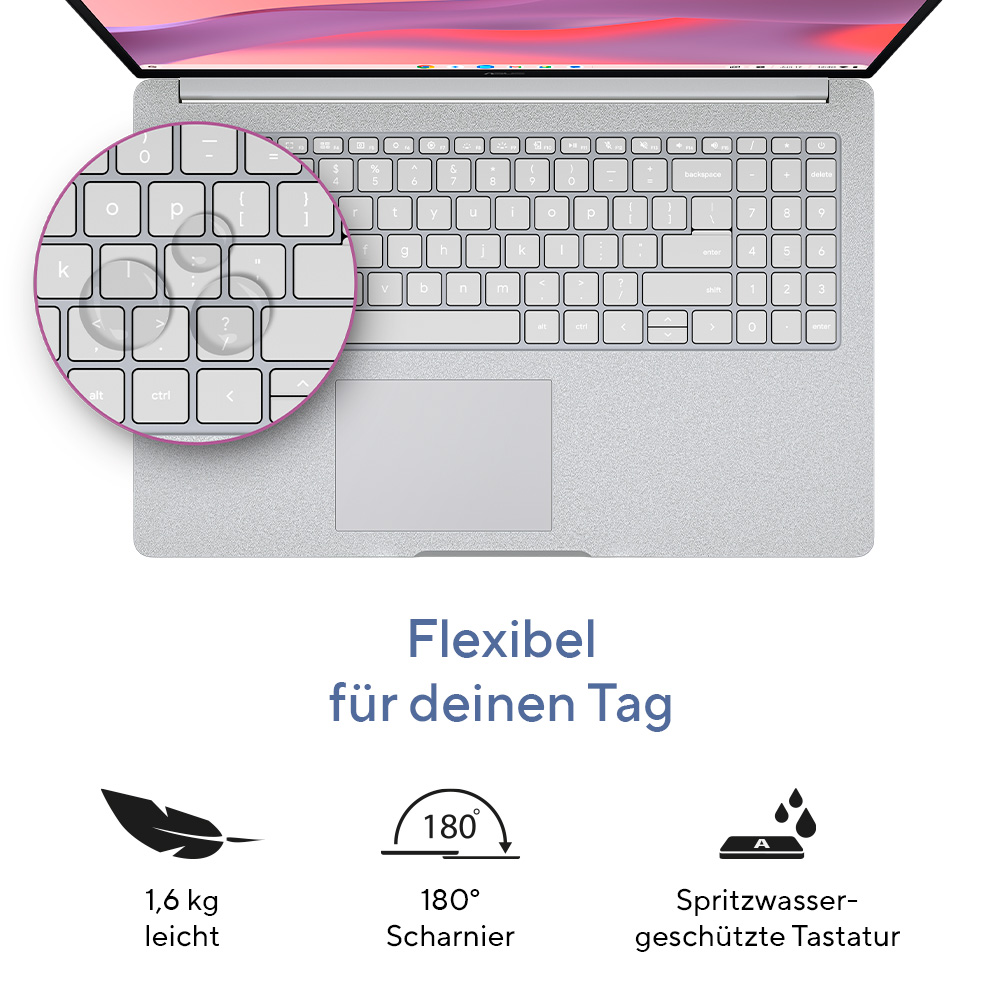 Ein silberner Laptop mit Tastatur und Touchpad, Wasserschutz-Icons.