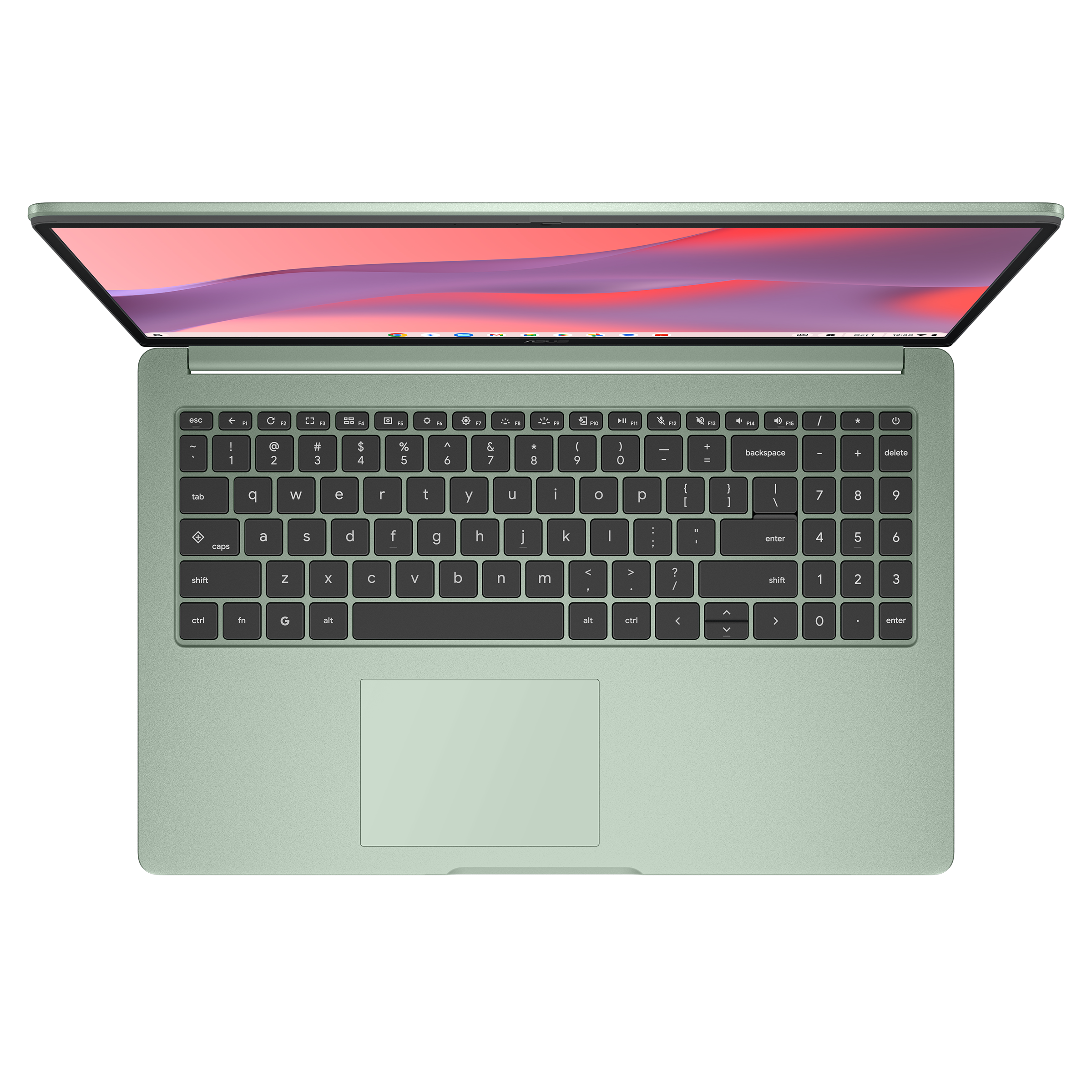 Grüner Laptop mit geöffnetem Bildschirm. Tastatur und Touchpad sind sichtbar.