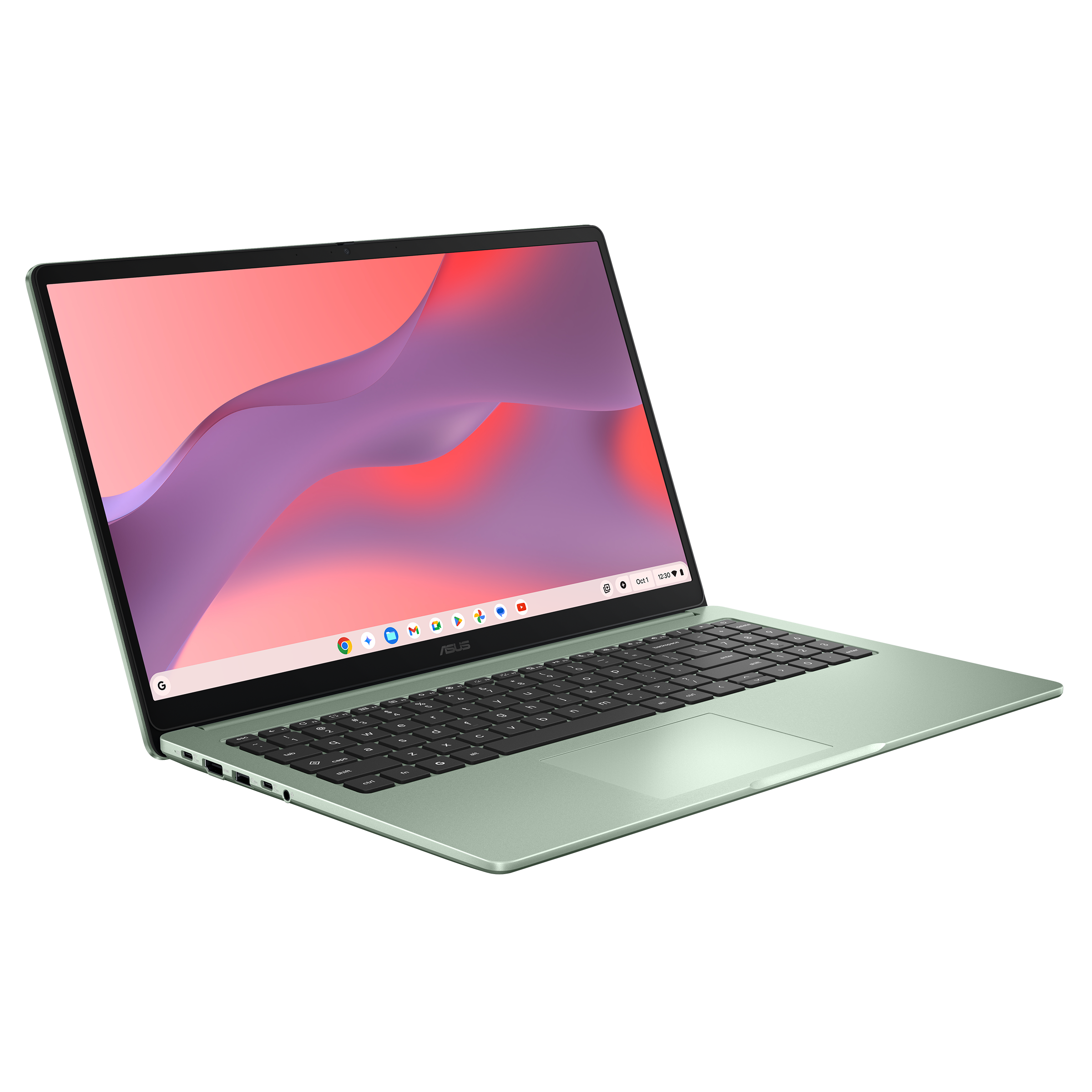 Ein hellgrünes Asus-Laptop mit Tastatur und Bildschirm, der geöffnet ist.