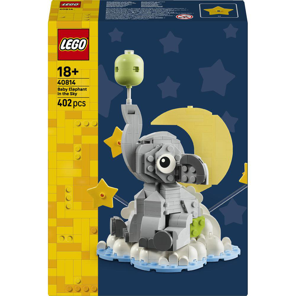 Ein grauer Lego-Elefant sitzt auf Wolken unter dem Mond und Sternen.