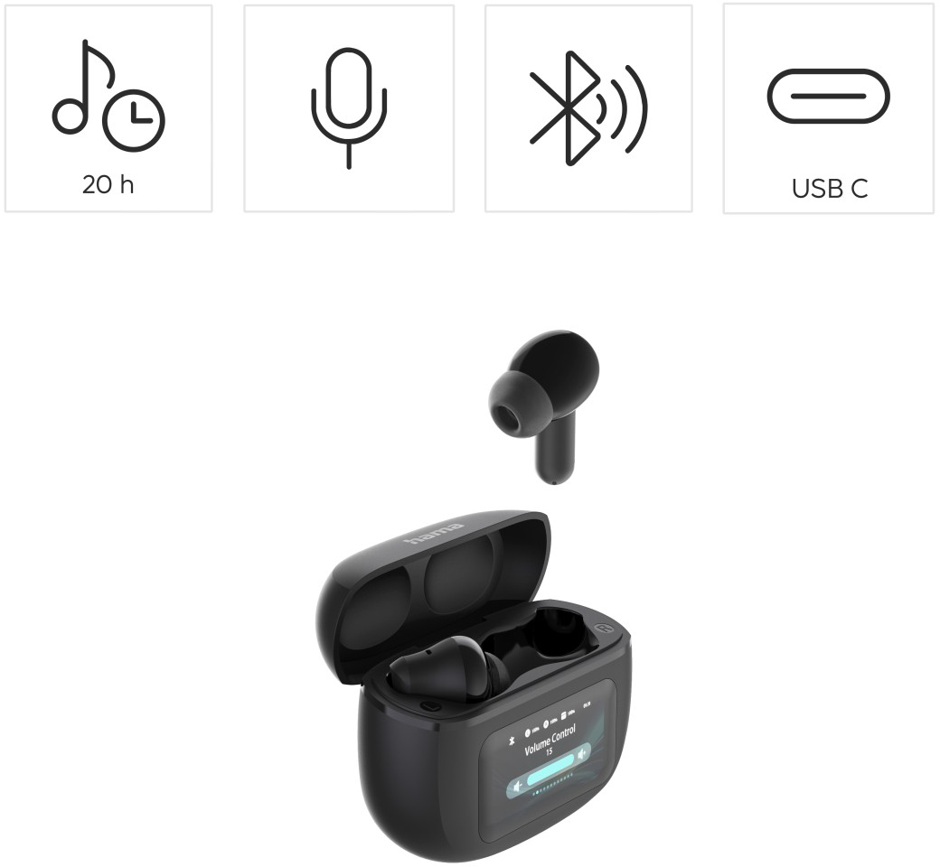 Fekete vezeték nélküli fülhallgató töltőtokkal és ikonokkal: 20 óra, mikrofon, Bluetooth, USB C.