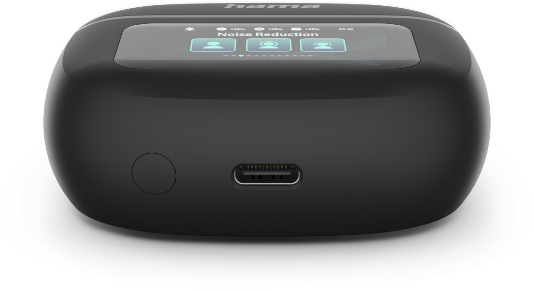 Fekete Hama eszköz érintőképernyővel, USB-C porttal és kör gombbal.