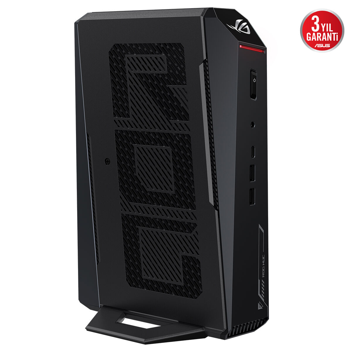 ROG logosu ve kırmızı vurgusu olan siyah oyun bilgisayarı.