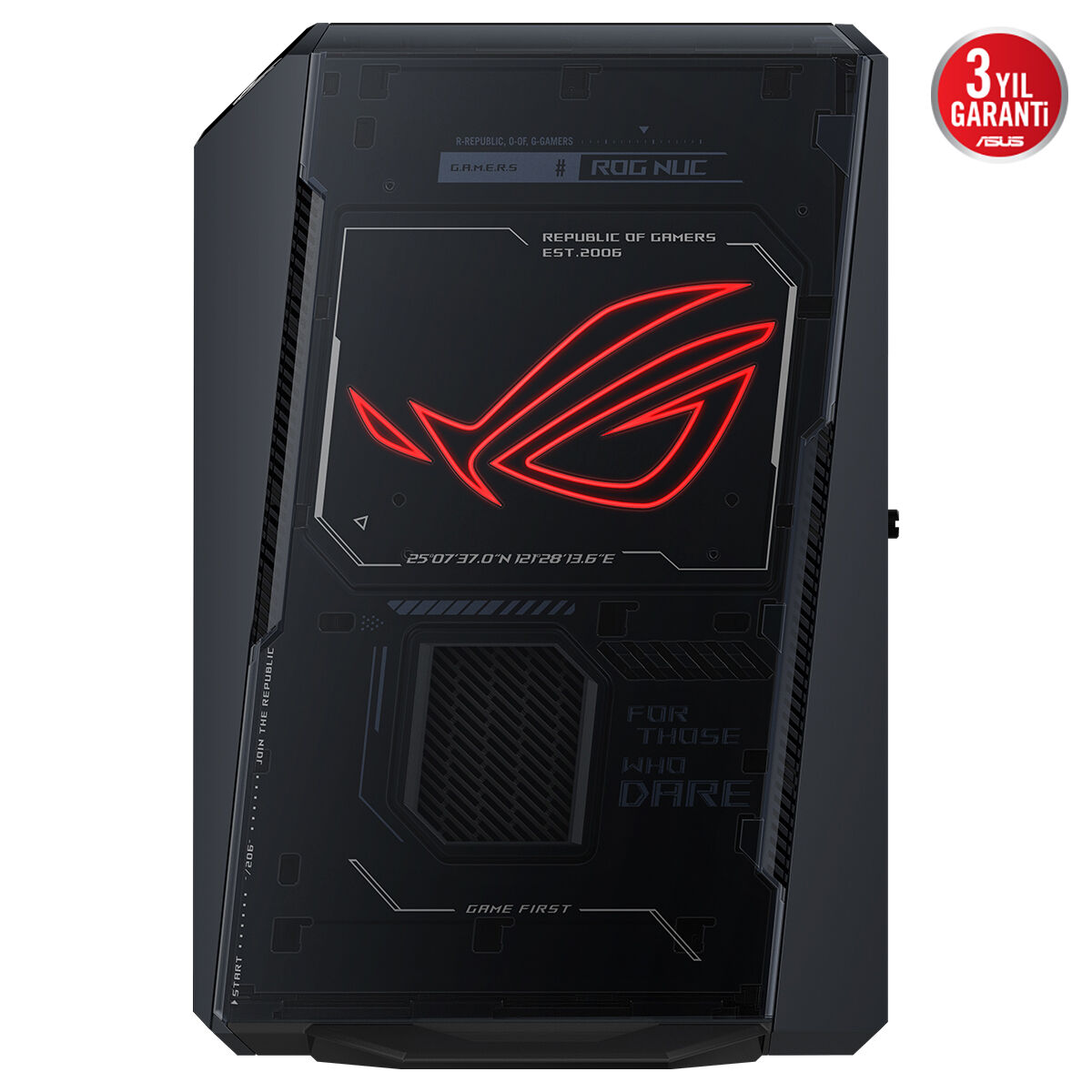 Kırmızı ROG logosu ve garanti etiketi bulunan siyah bilgisayar kasası.