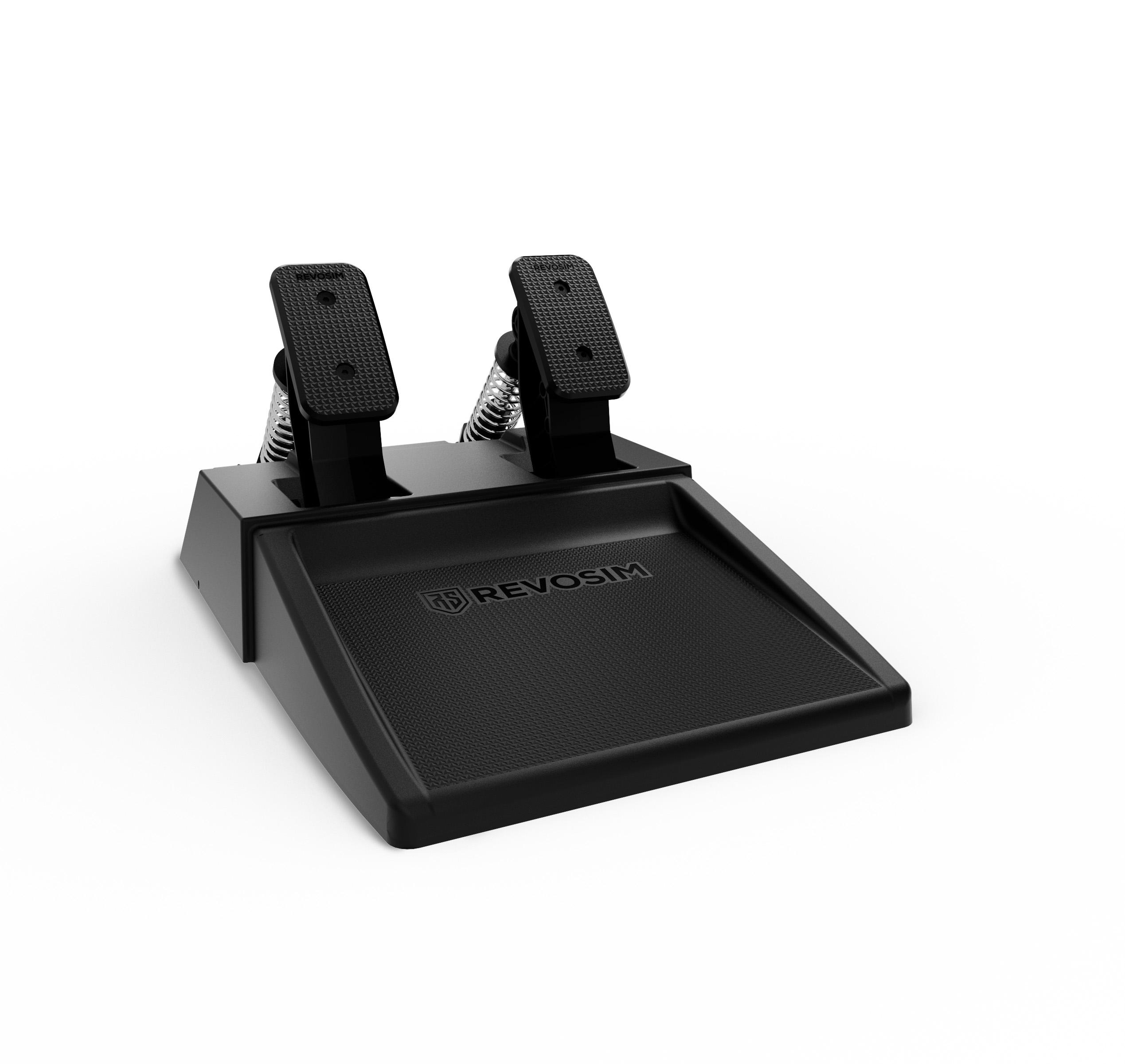 Schwarze Gaming-Pedale mit REVOSIM-Logo auf einer weißen Fläche.
