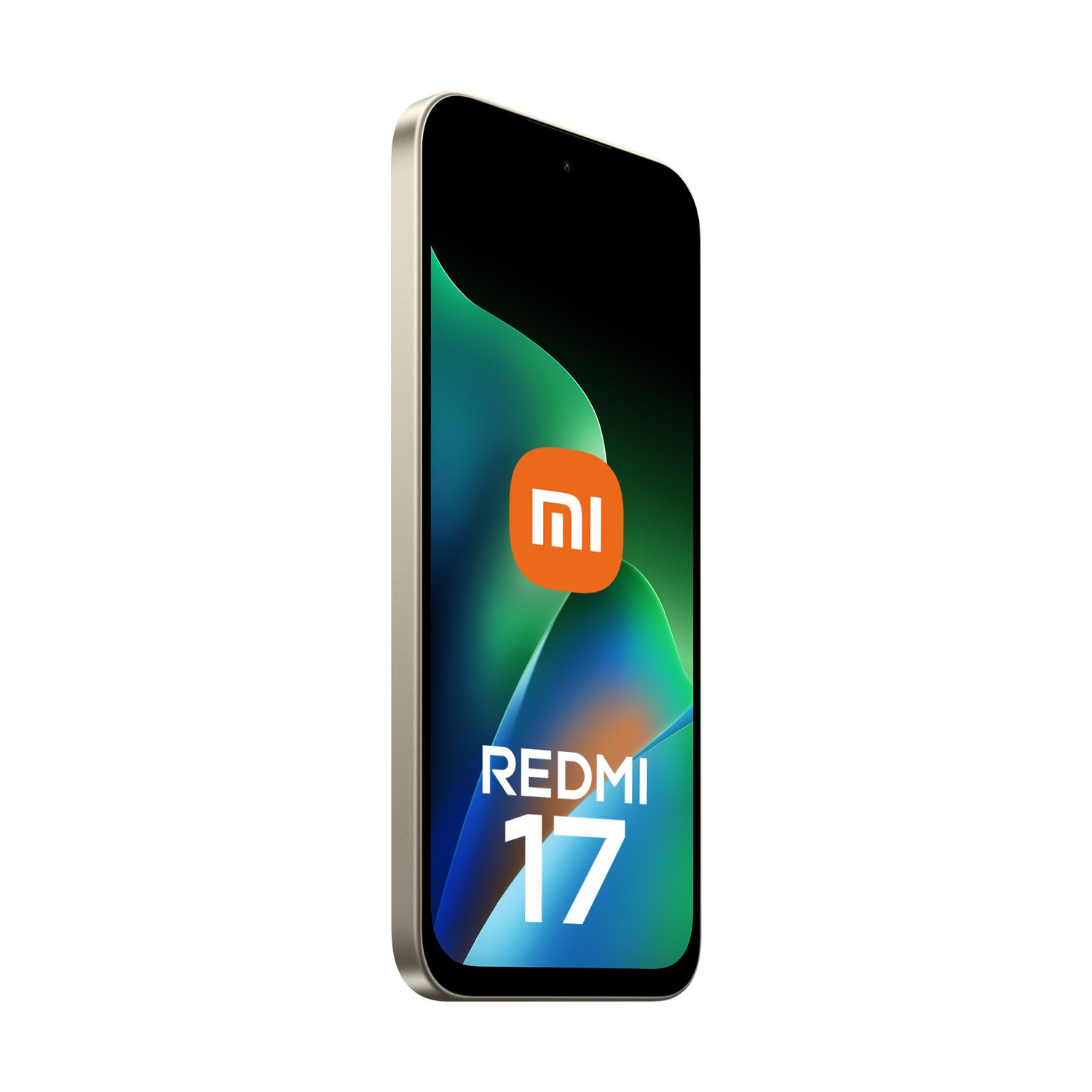 Uno smartphone argento che mostra il logo Xiaomi e la scritta REDMI 17.