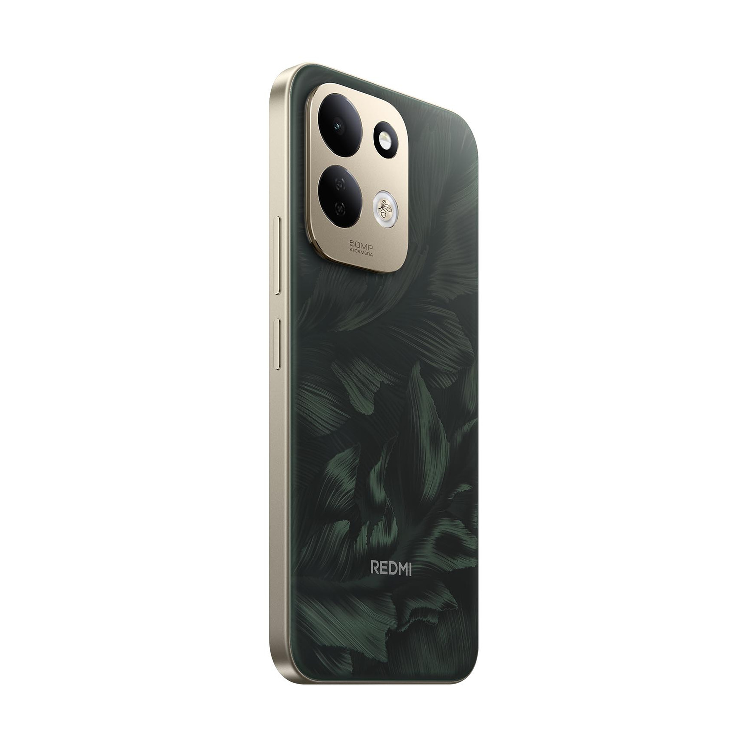 Retro di uno smartphone scuro con motivo a foglie e modulo fotocamera.