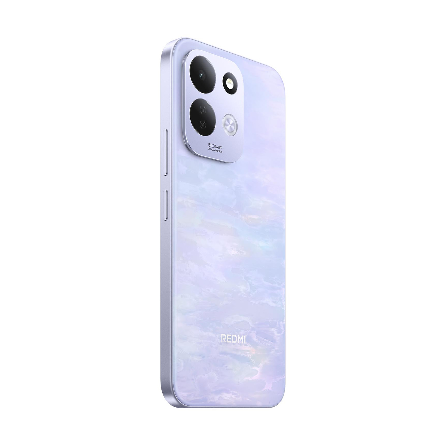 Uno smartphone viola con motivo marmorizzato e tre obiettivi sul retro.
