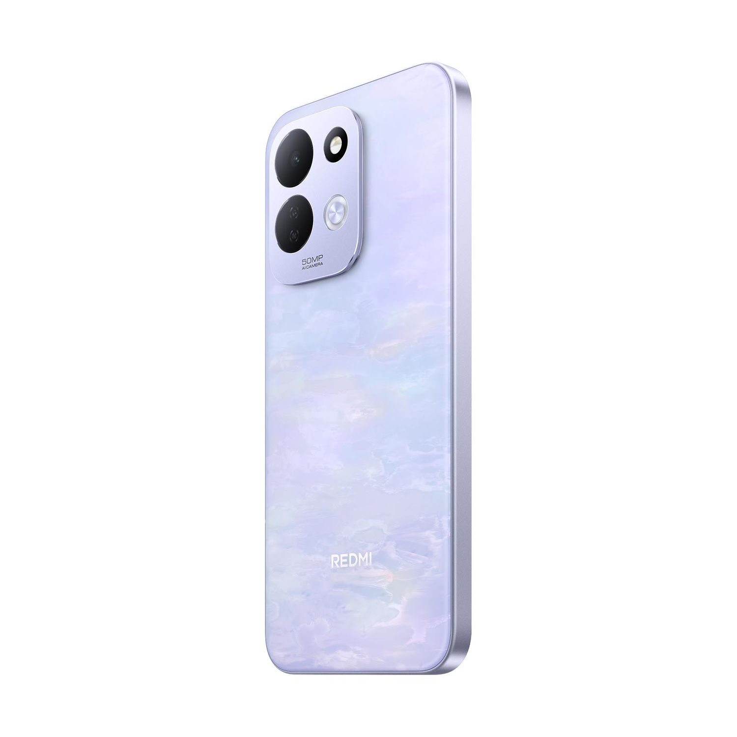 Un telefono Redmi bianco con retro iridescente effetto marmo e tripla fotocamera.