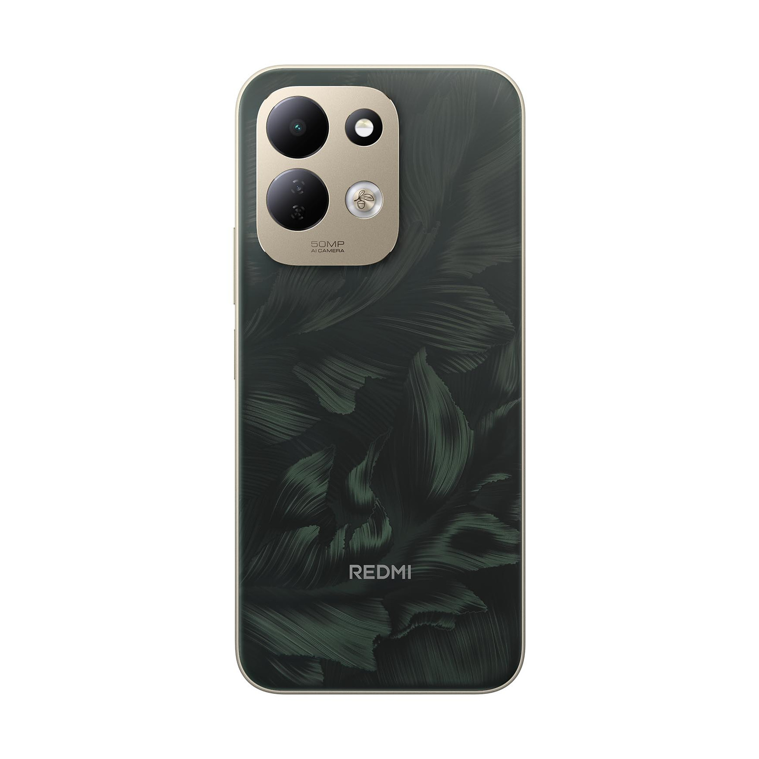 Retro di uno smartphone con motivo a foglie e lenti della fotocamera.