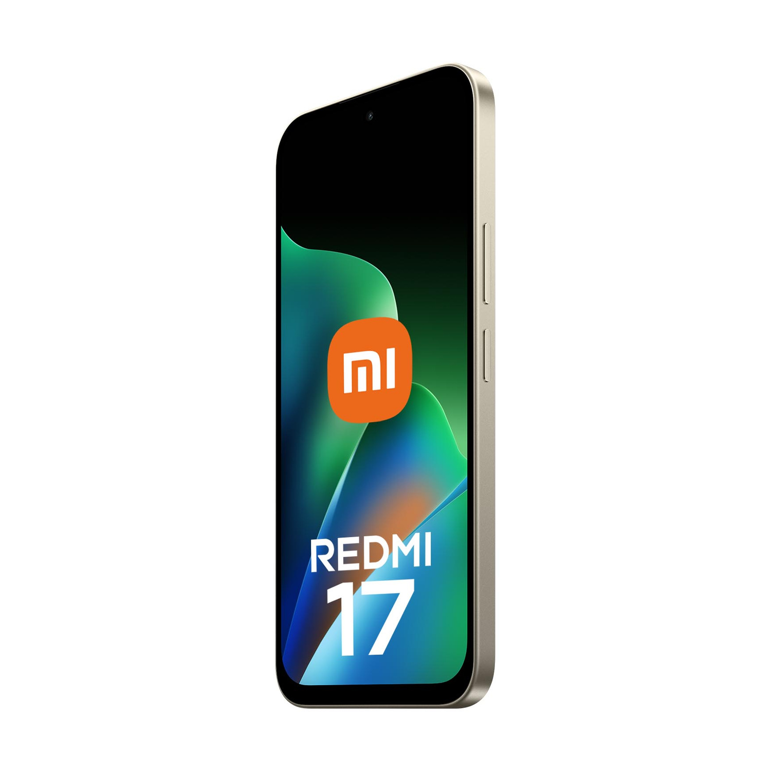 Uno smartphone Xiaomi Redmi 17 color oro con logo Mi sullo schermo.