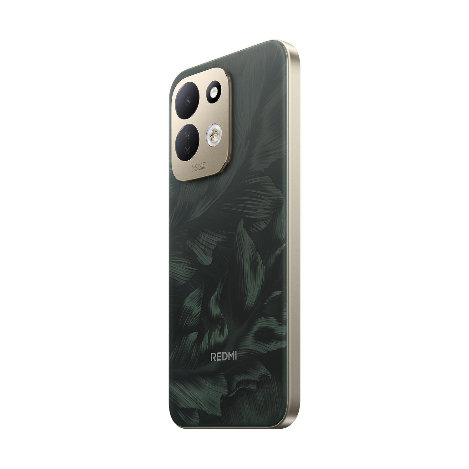 Retro di uno smartphone verde scuro con motivo a foglie e modulo fotocamera.