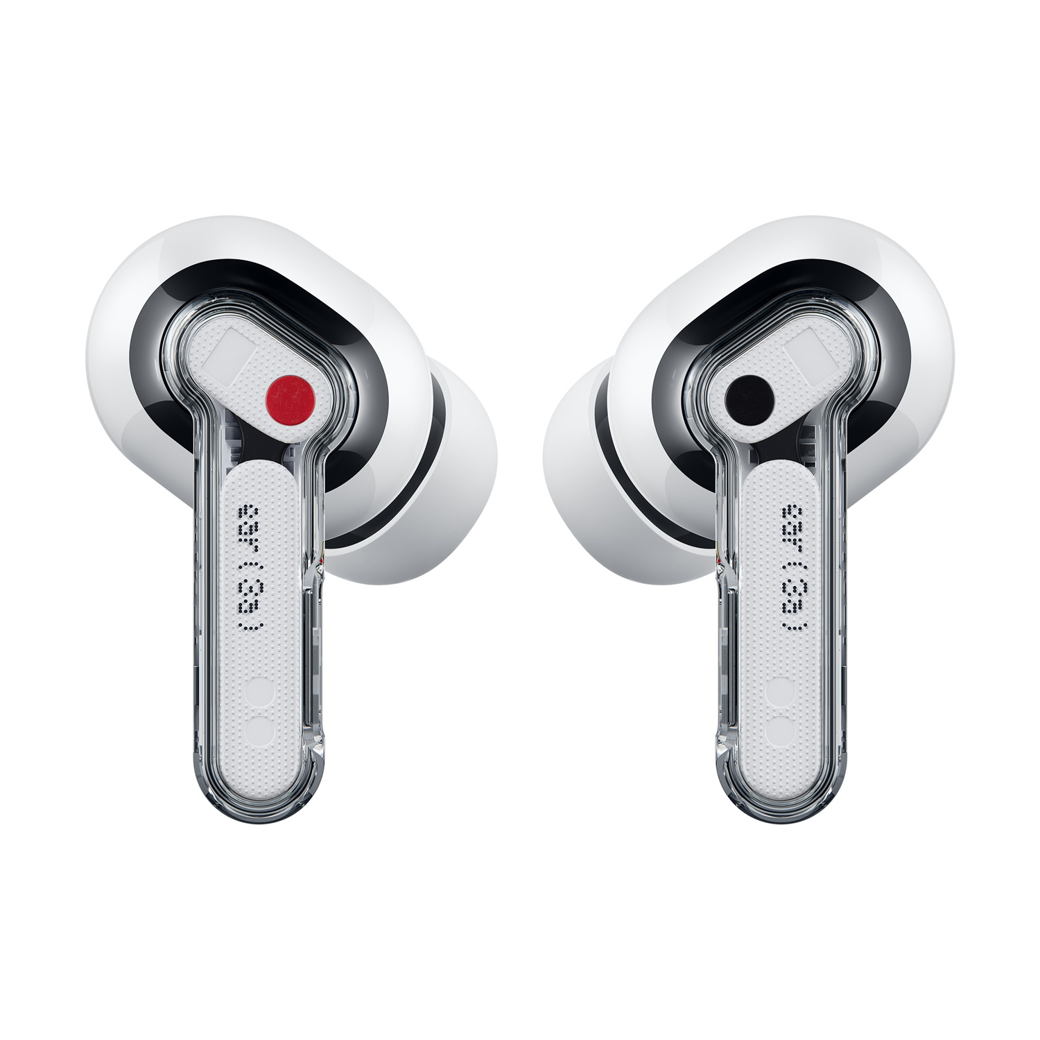 Due auricolari bianchi trasparenti con accenti neri su sfondo bianco.