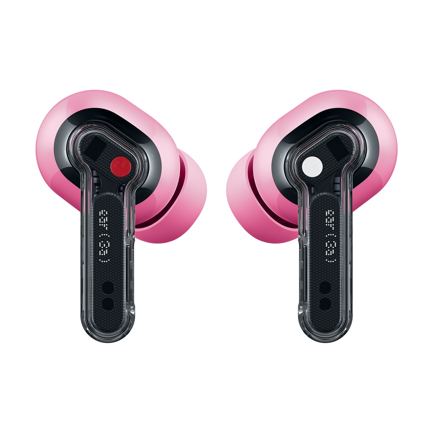 Due auricolari rosa con steli trasparenti e accenti neri su sfondo bianco.