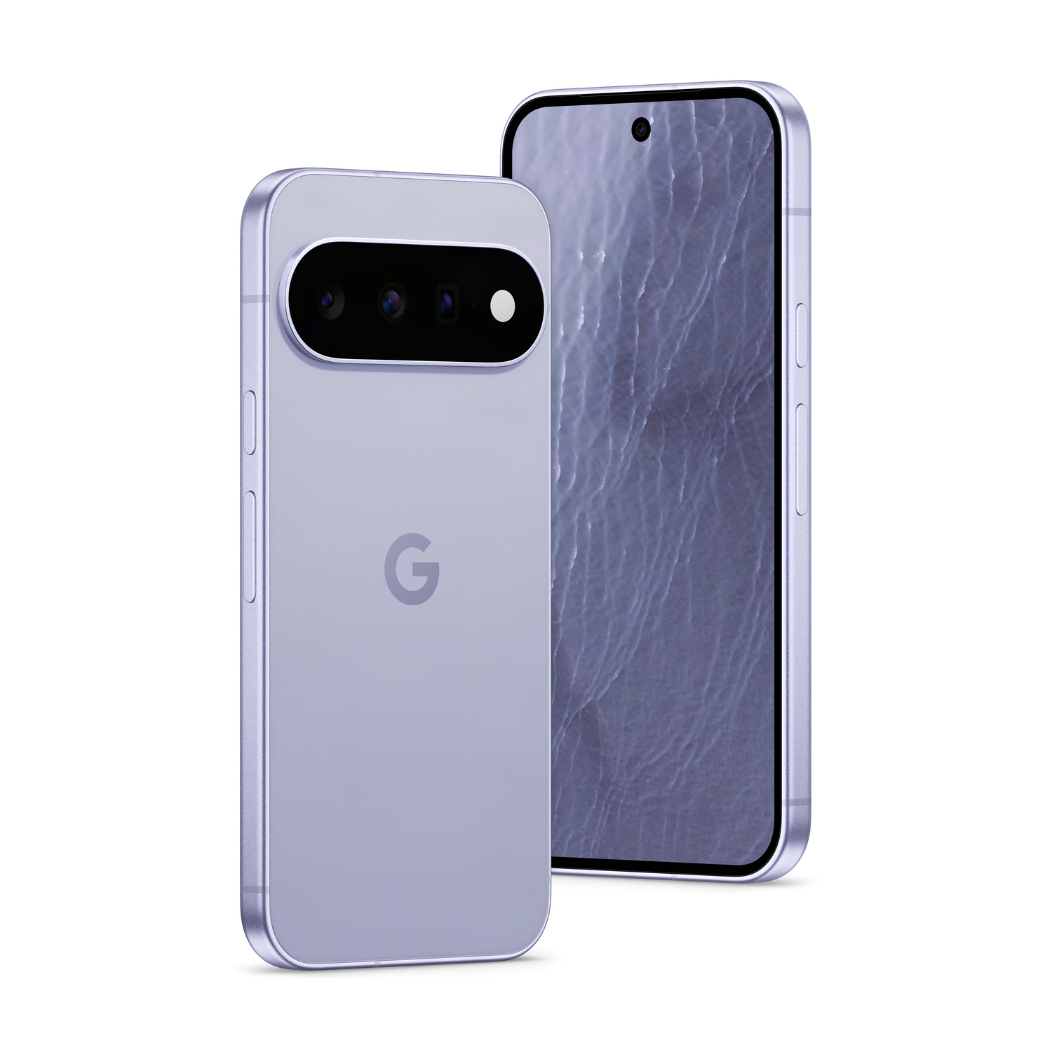 Due smartphone viola chiaro con logo Google e fotocamera.