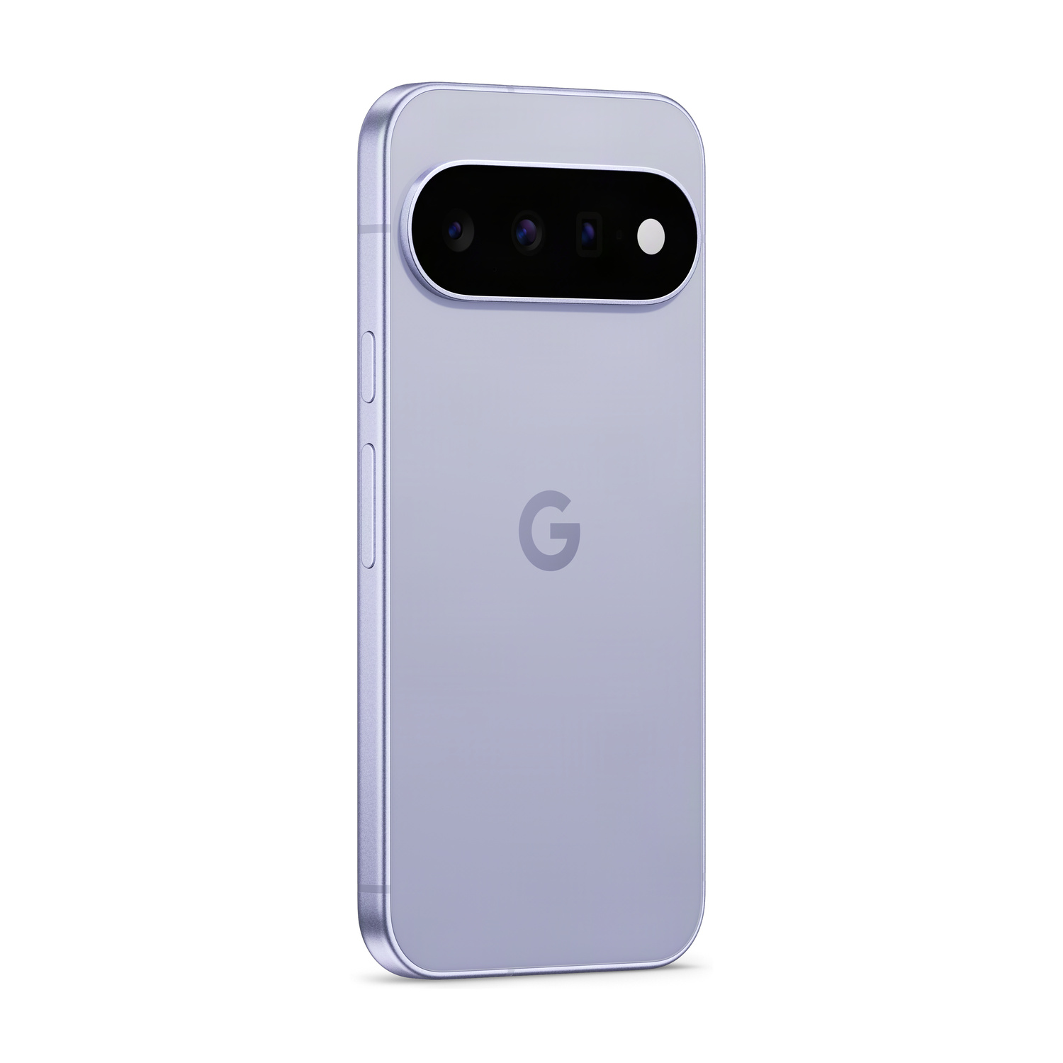 Un telefono Google Pixel viola con tre fotocamere e un flash, su sfondo bianco.
