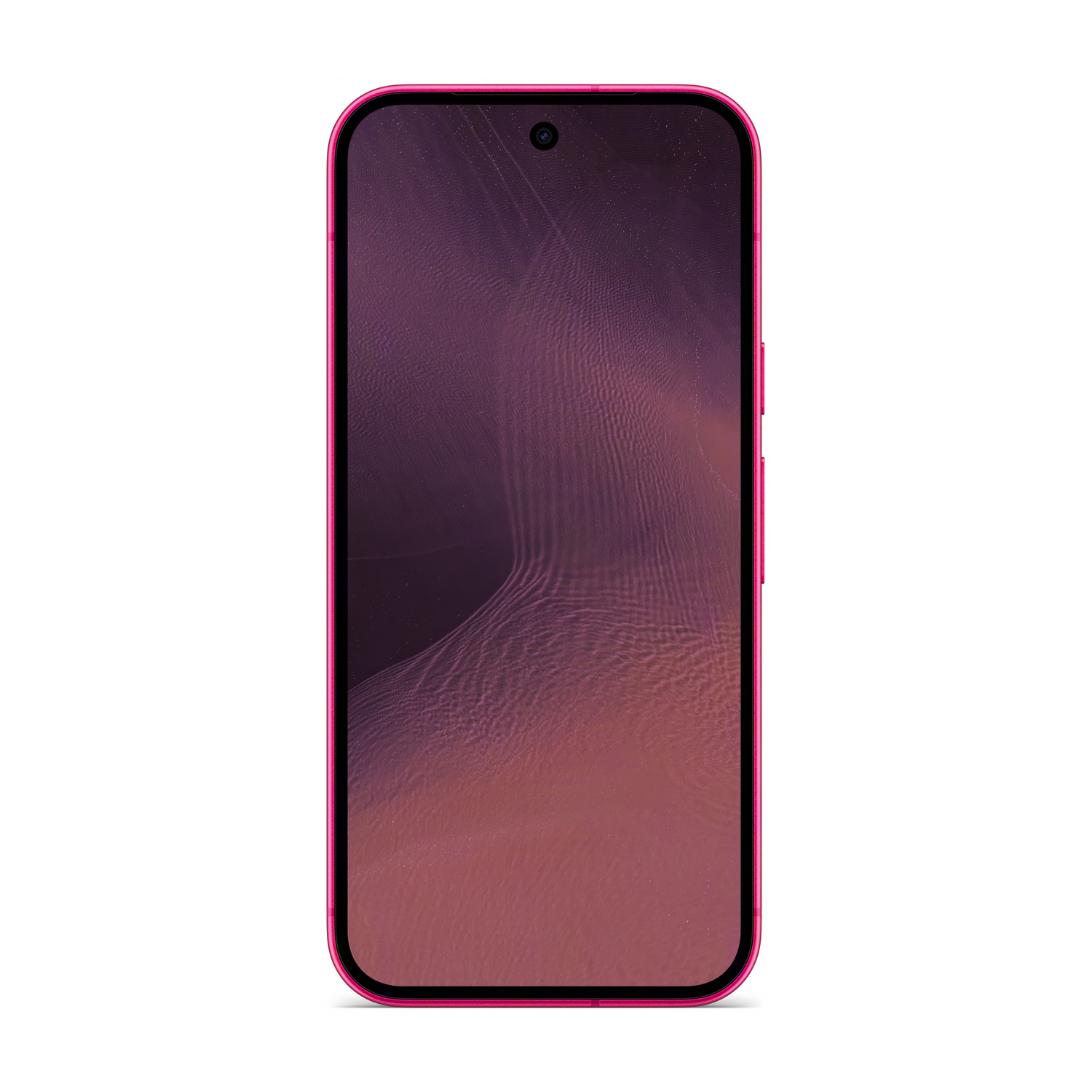 Uno smartphone rosa con schermo scuro e fantasia su sfondo bianco.