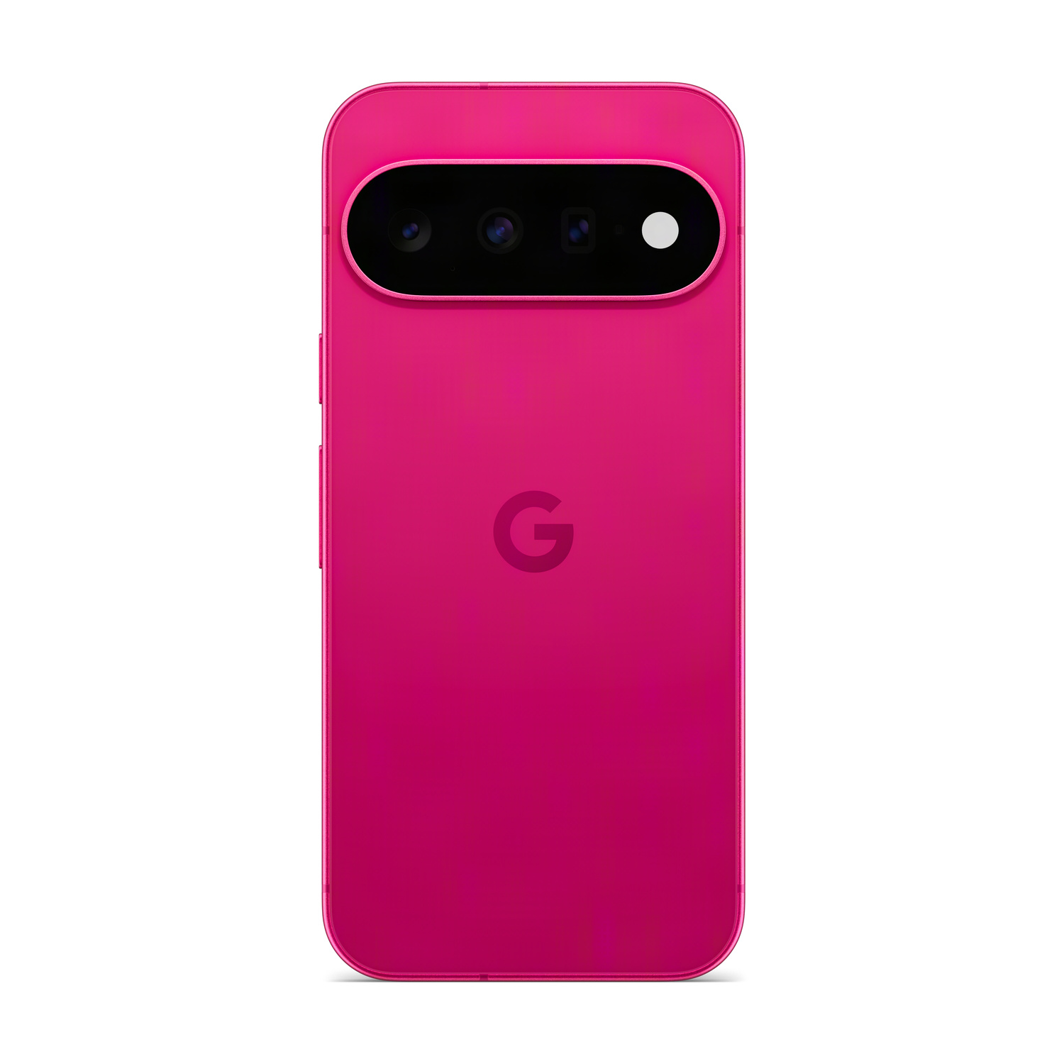 Uno smartphone rosa con una barra nera per la fotocamera e un logo G.