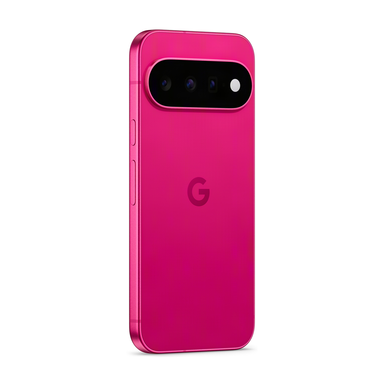 Retro di un telefono Google Pixel rosa con tre obiettivi e un flash.