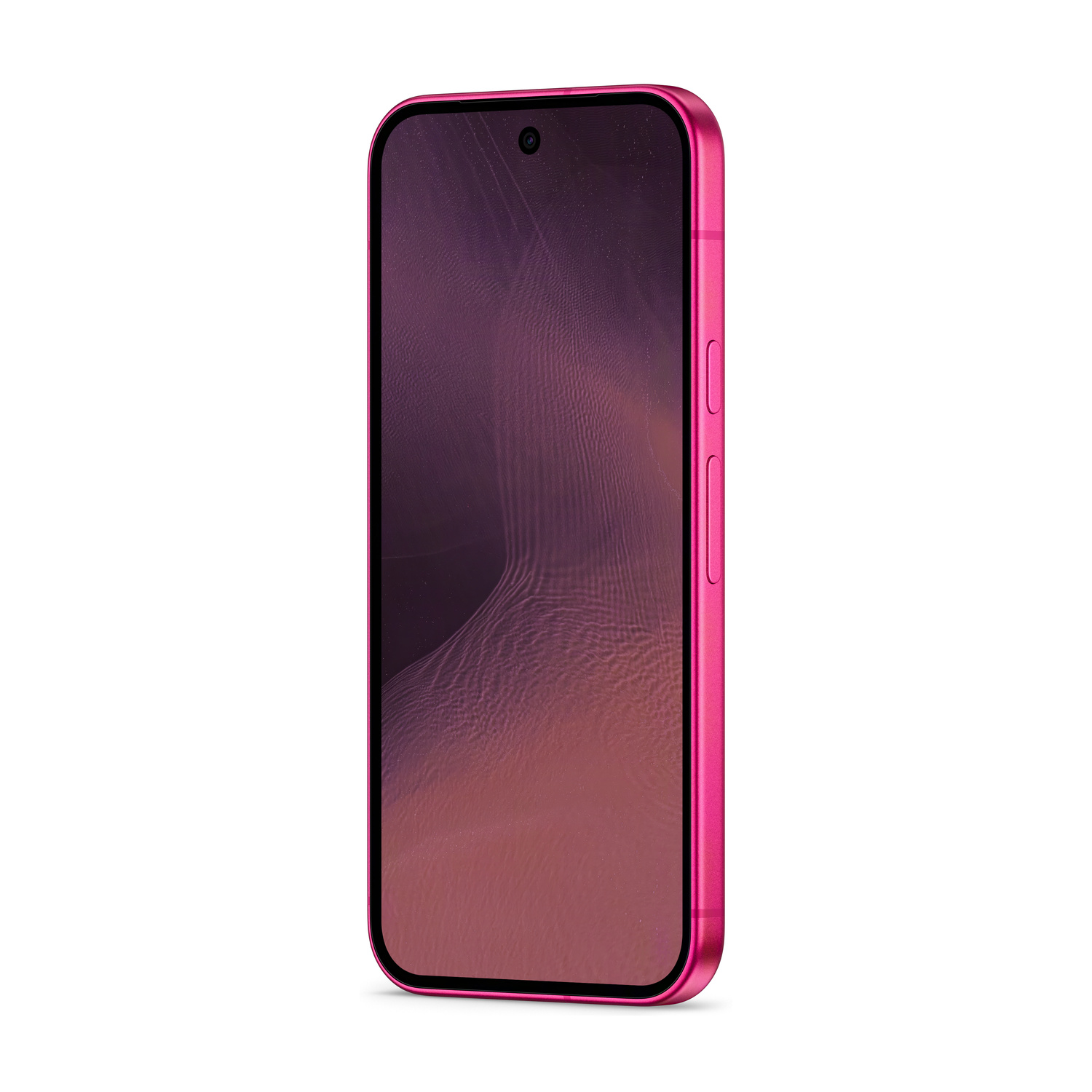Uno smartphone rosa con schermo a motivi, su sfondo bianco.