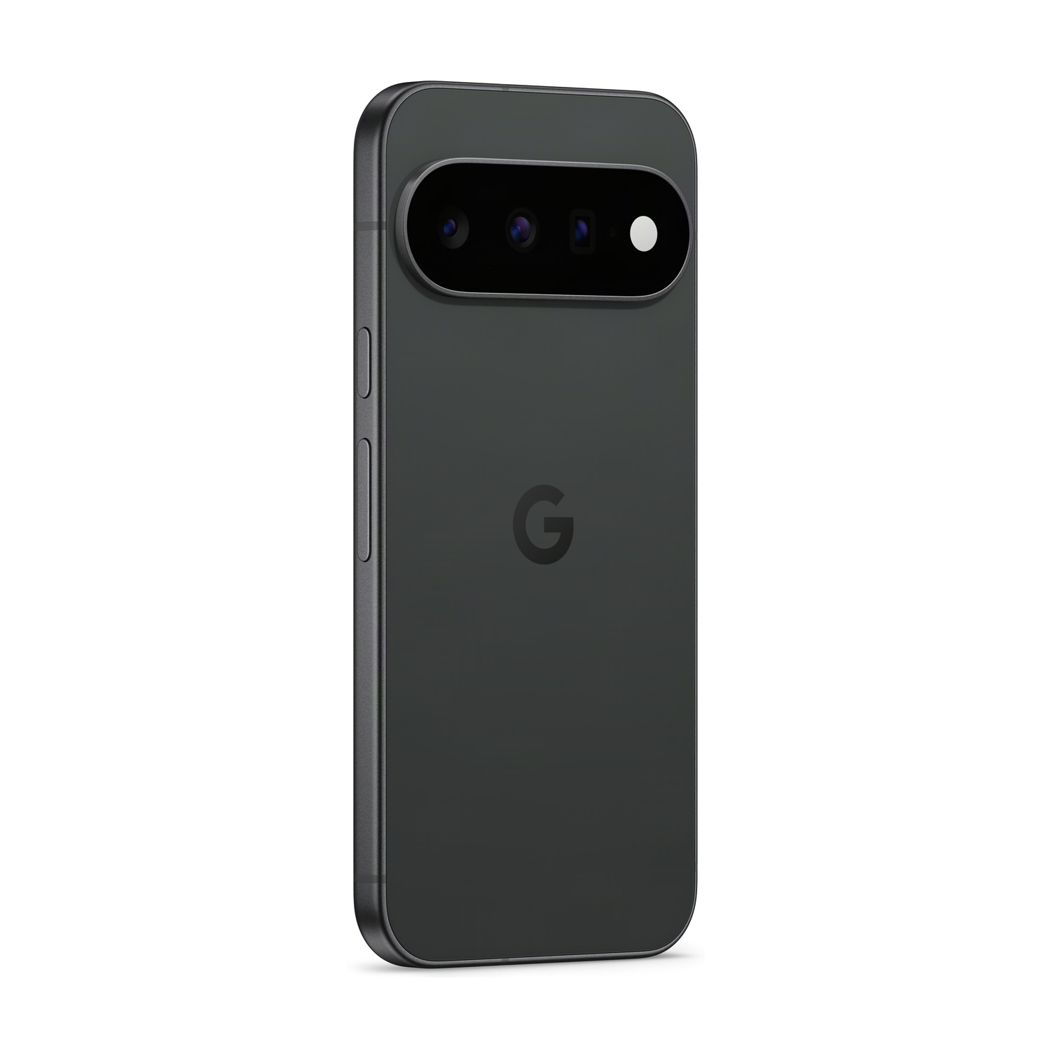Smartphone grigio scuro con logo Google e array di fotocamere posteriori.