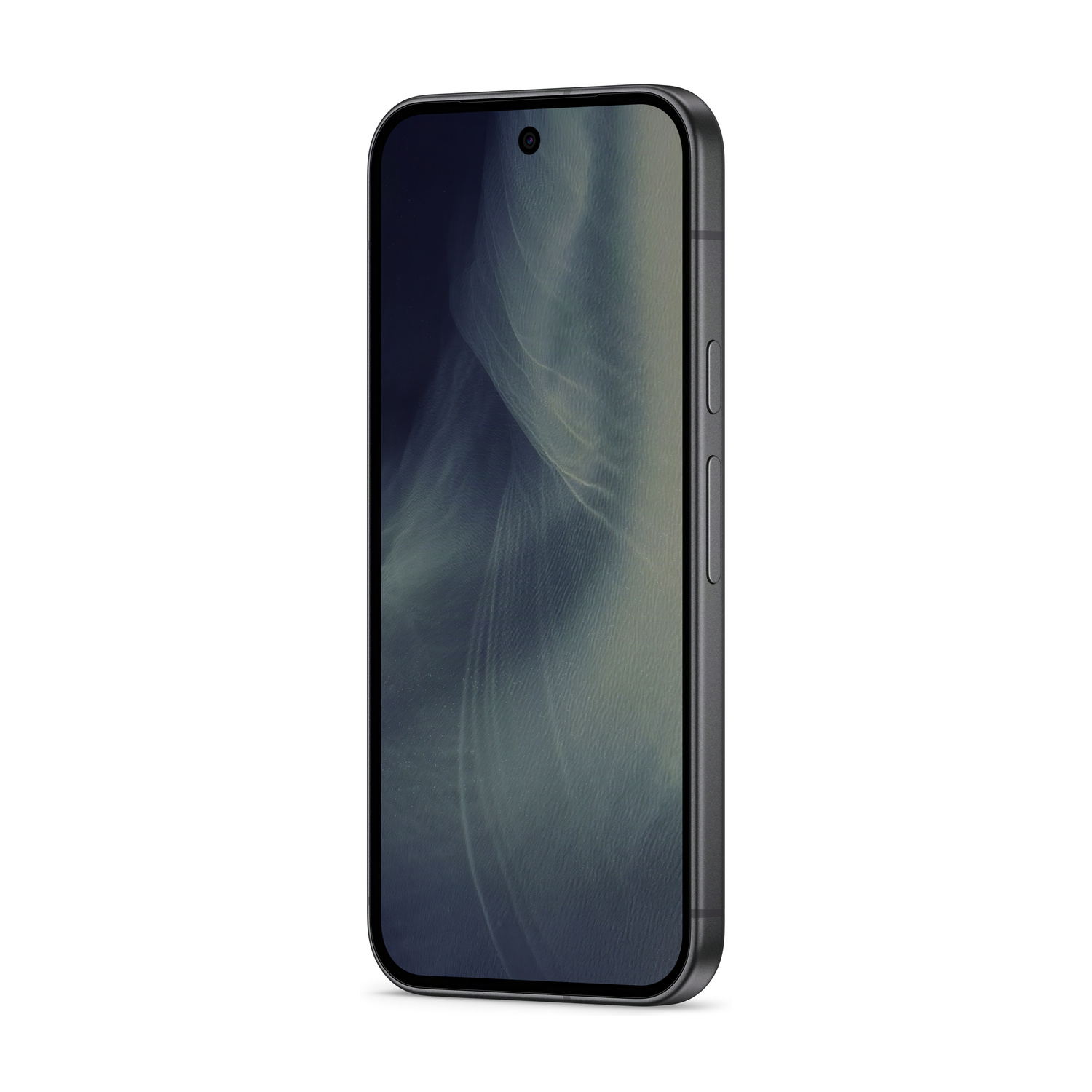 Uno smartphone scuro con schermo a motivo astratto su sfondo bianco.