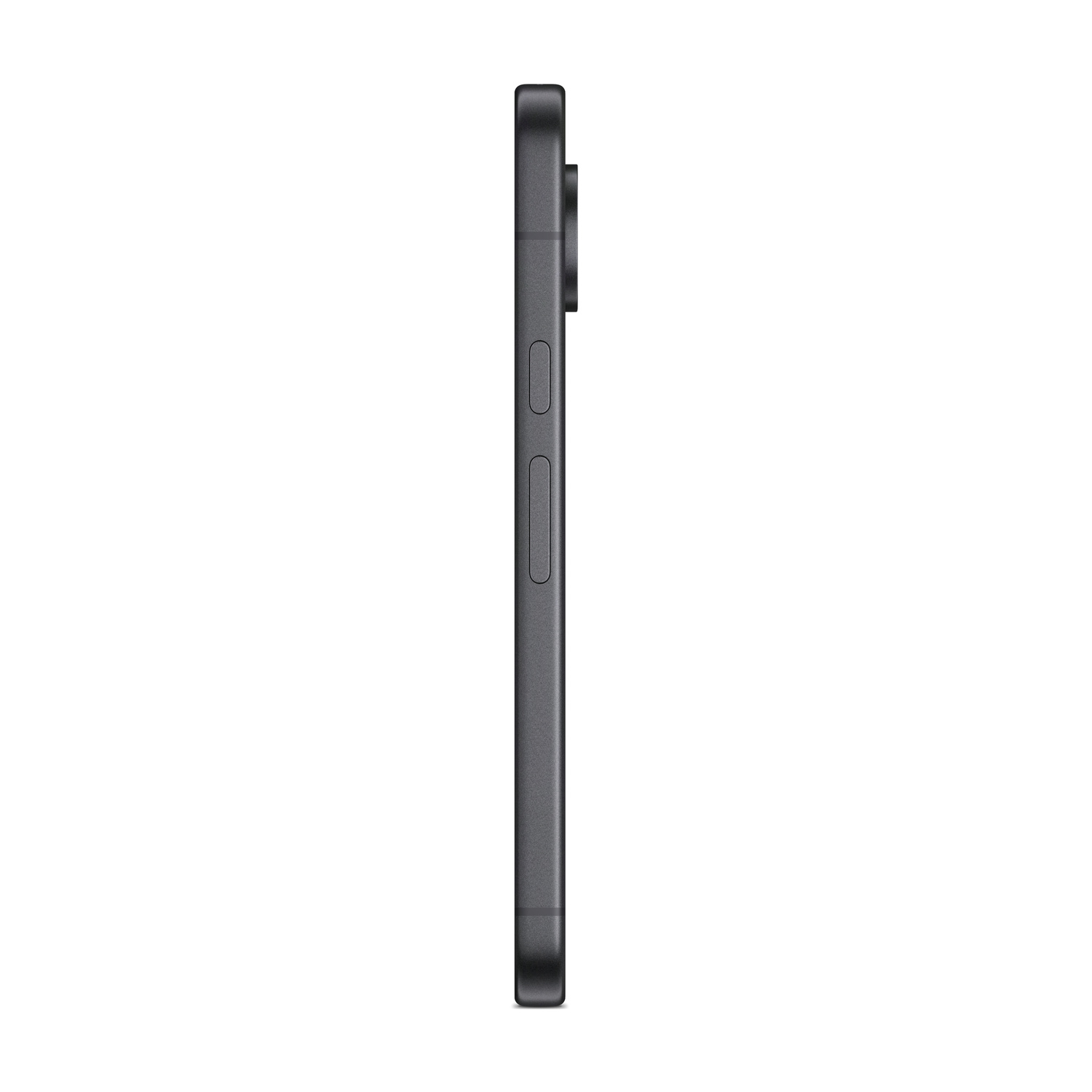 Smartphone grigio scuro di profilo, con pulsanti visibili e modulo fotocamera.