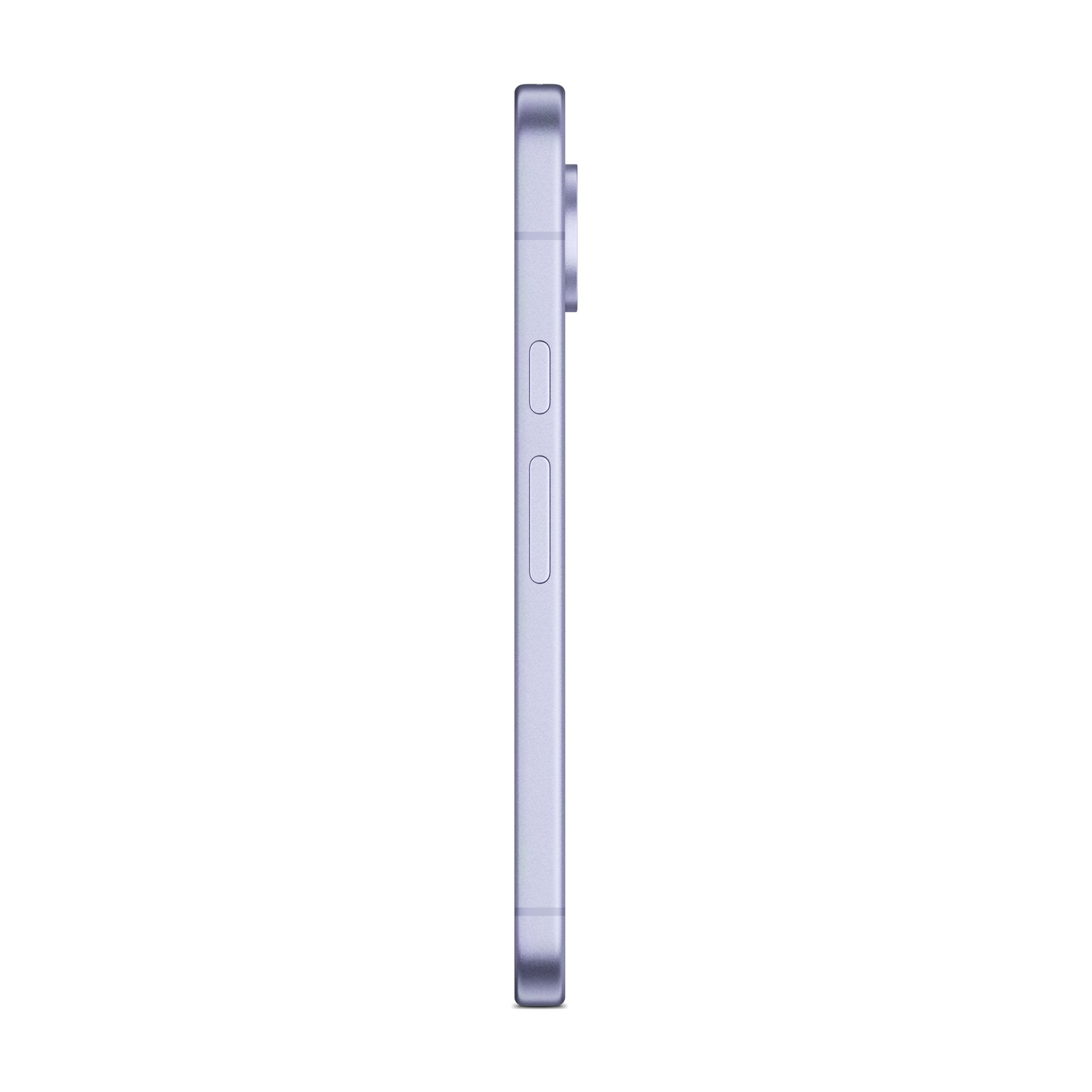 Uno smartphone viola visto di profilo su sfondo bianco, con focus sul lato.