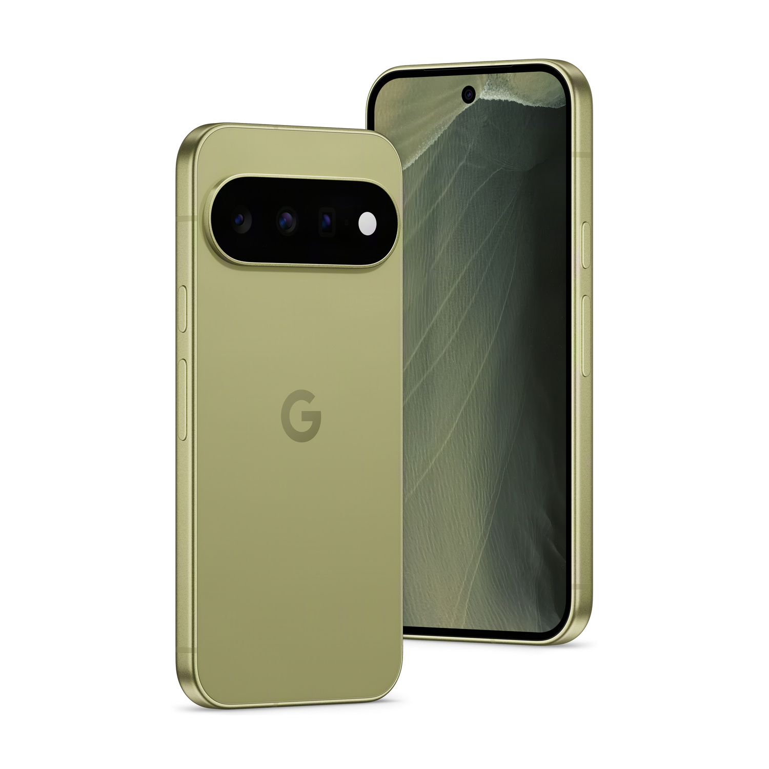 Un telefono Google Pixel dorato con tre fotocamere e logo G.