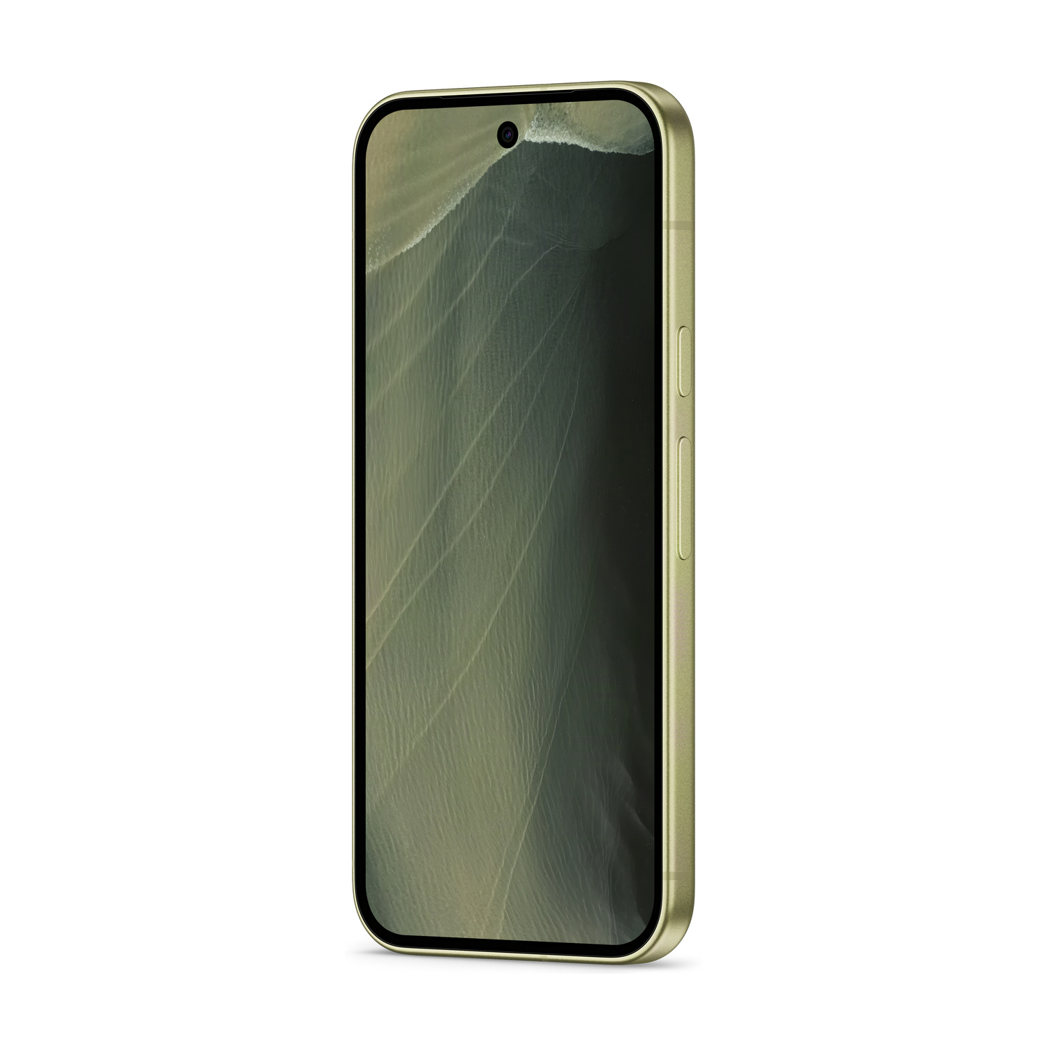 Uno smartphone dorato con schermo scuro che mostra un motivo testurizzato verde.