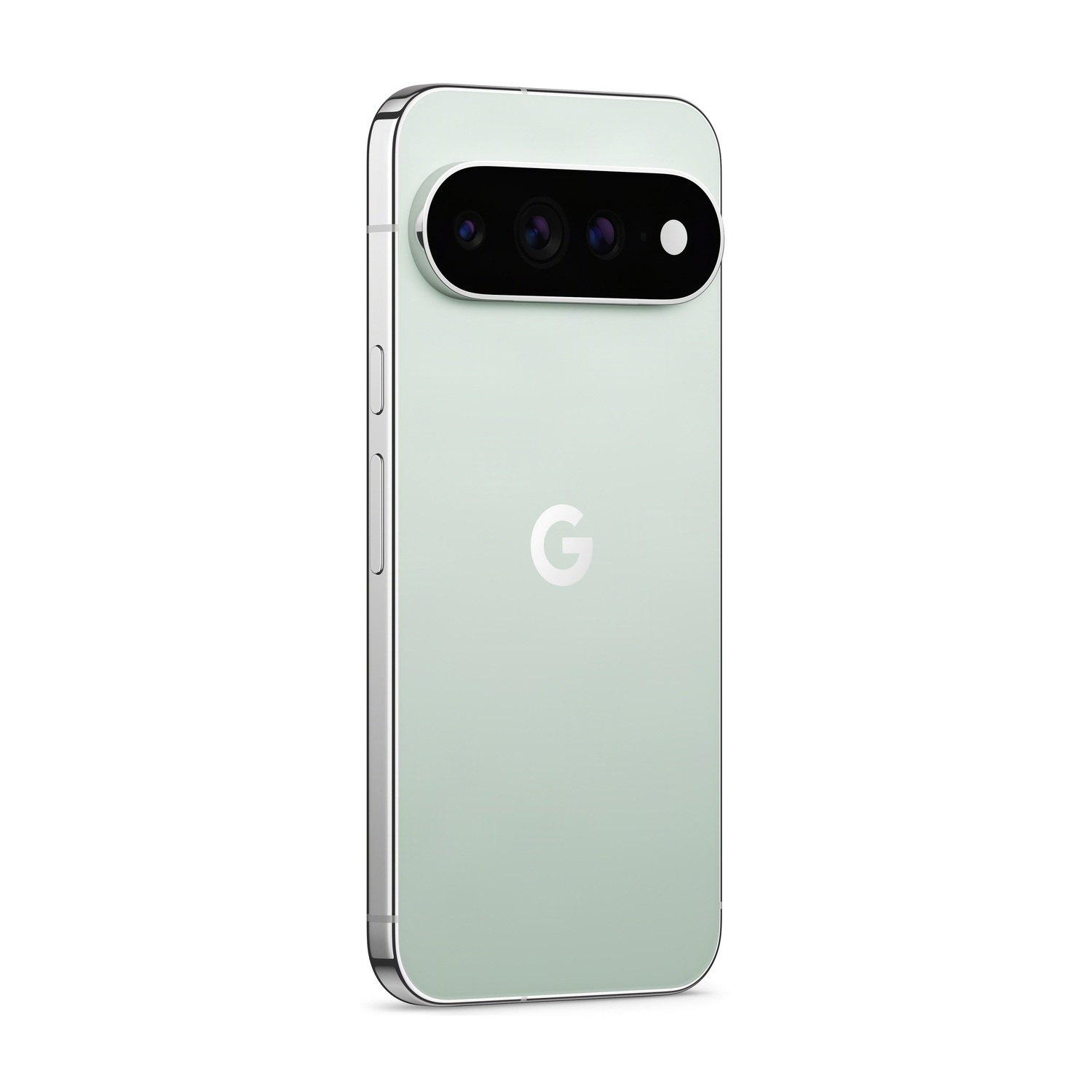 Uno smartphone Google Pixel verde chiaro con tre fotocamere e un logo G.