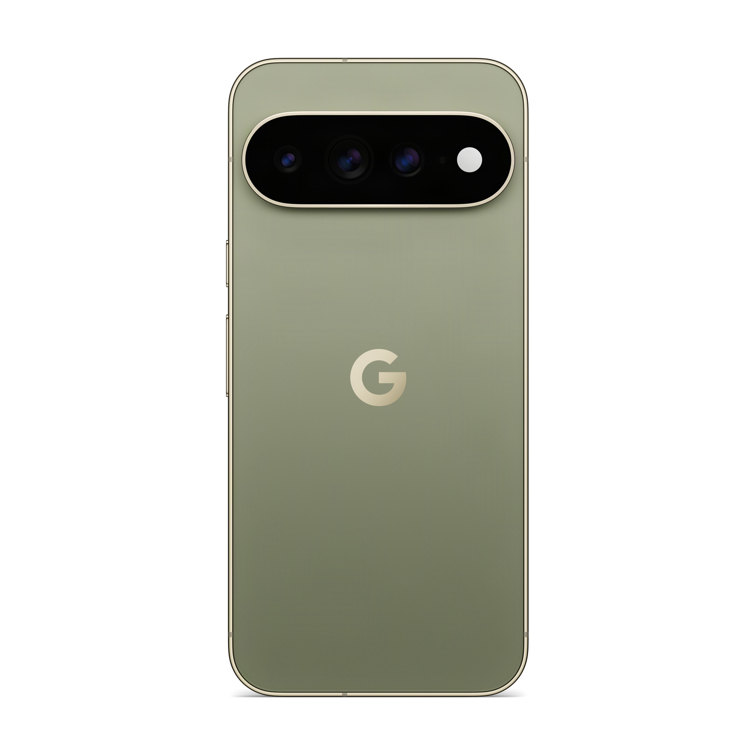 Retro del Google Pixel 7 Pro verde oliva con barra fotocamera e logo G.