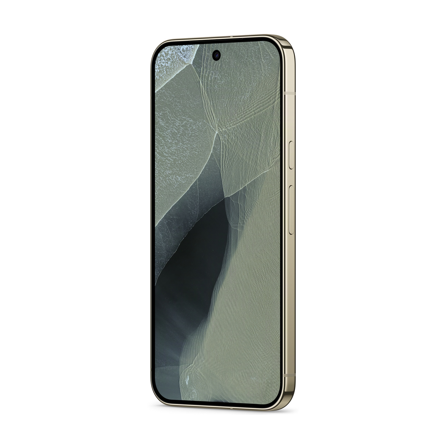 Uno smartphone dorato che mostra una scena di spiaggia sullo schermo.