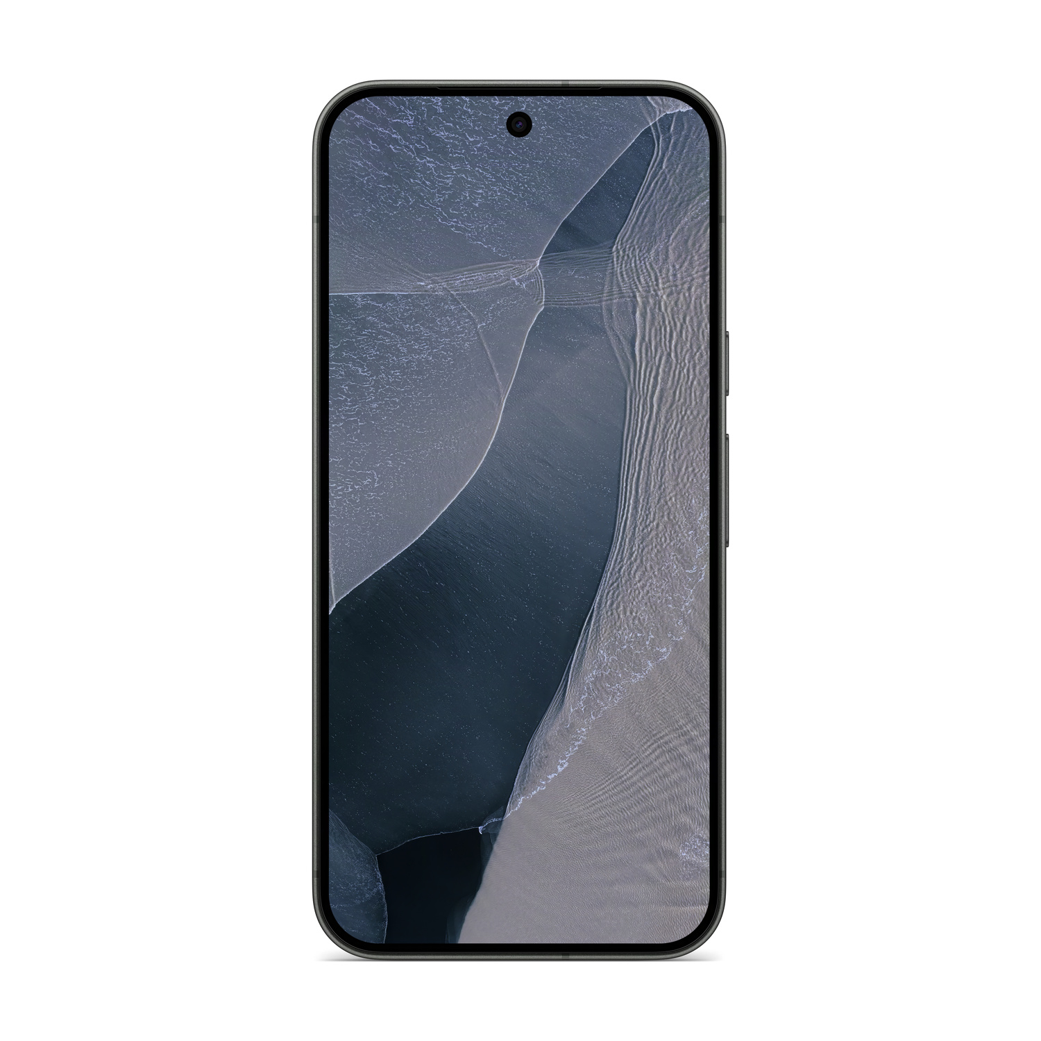 Uno smartphone scuro con una scena di spiaggia sullo schermo, su sfondo bianco.