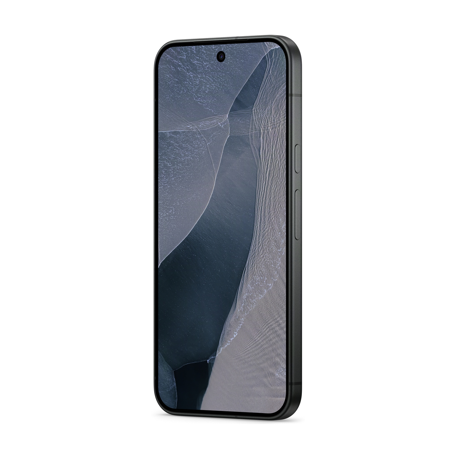 Uno smartphone nero con uno sfondo grigio astratto sullo schermo.
