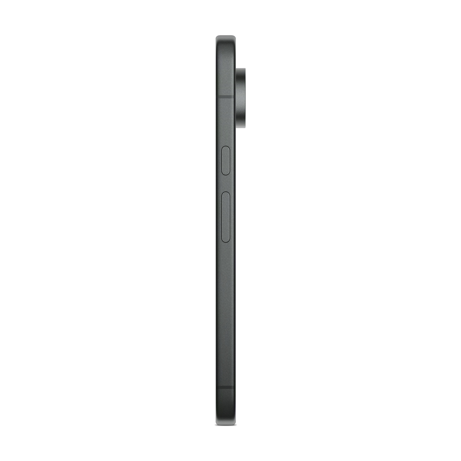Smartphone grigio scuro di profilo su sfondo bianco, con lente e pulsanti visibili.