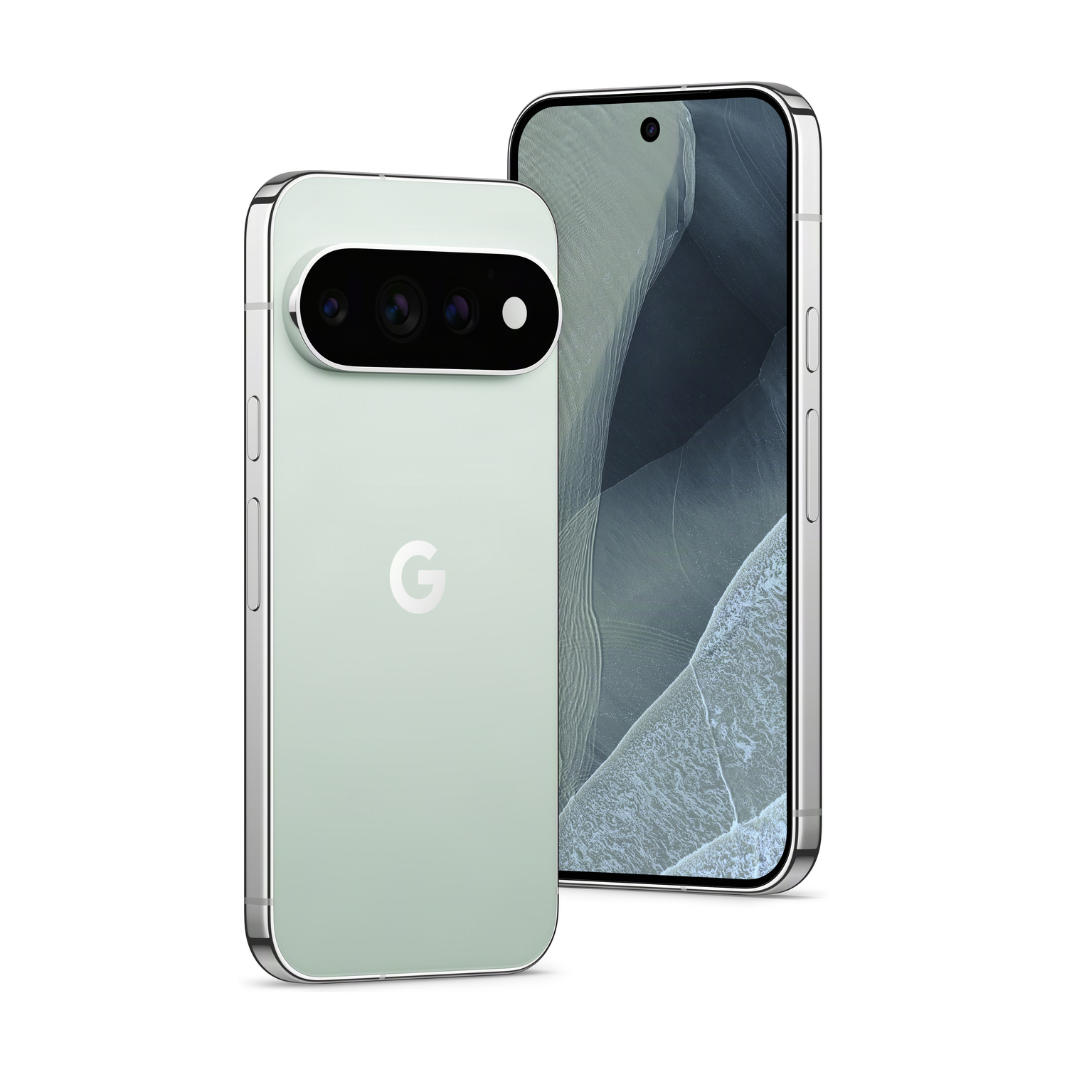 Uno smartphone verde chiaro con tre fotocamere e un logo G.
