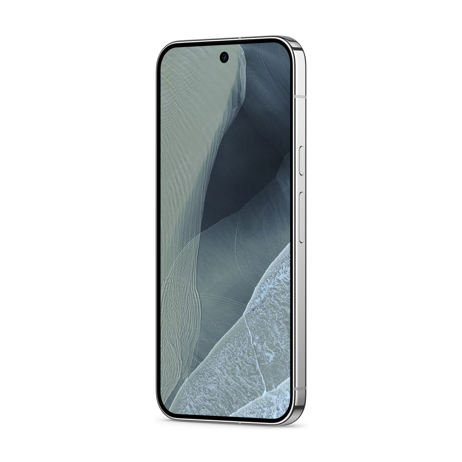 Uno smartphone moderno con cornice argentata e sfondo astratto.
