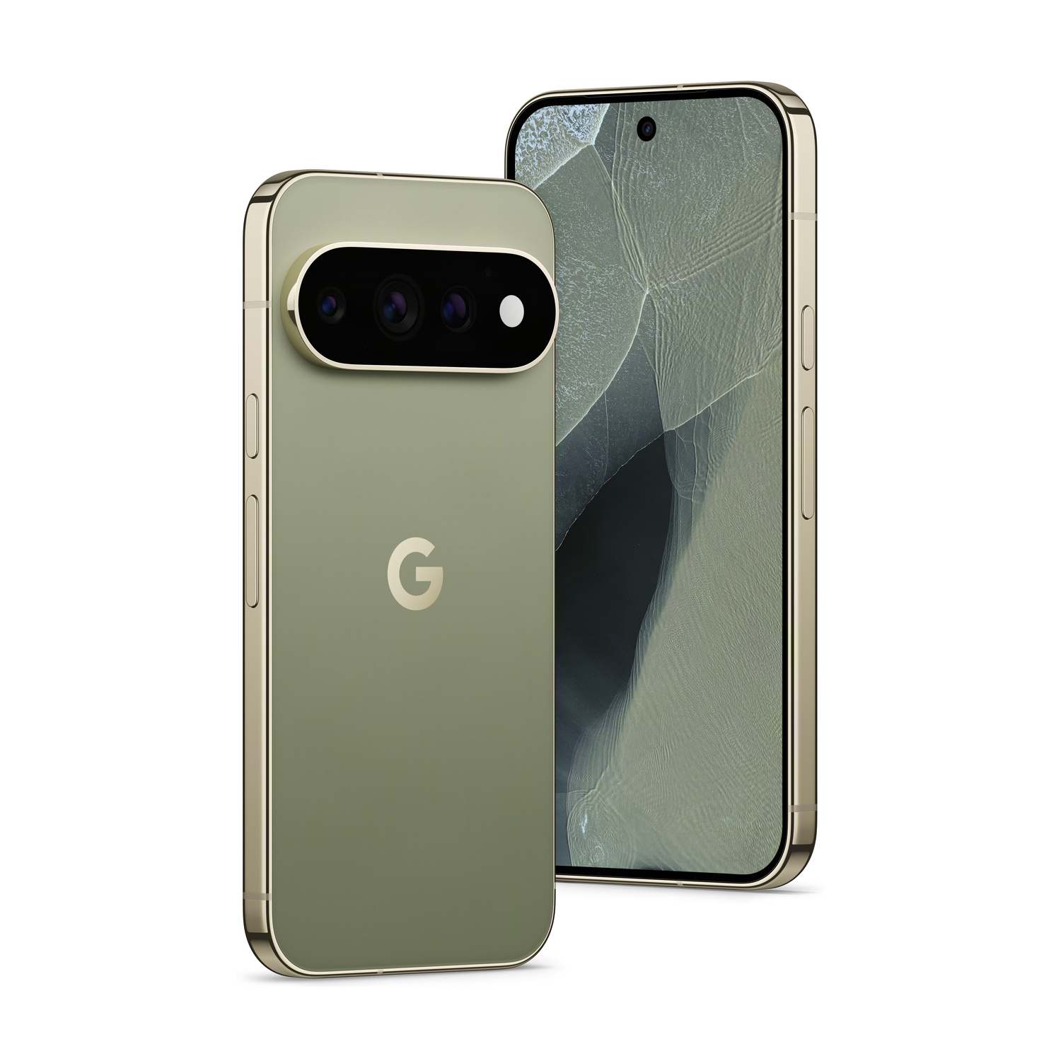 Due smartphone verde oliva con cornici dorate, uno mostra la fotocamera, l'altro lo schermo.