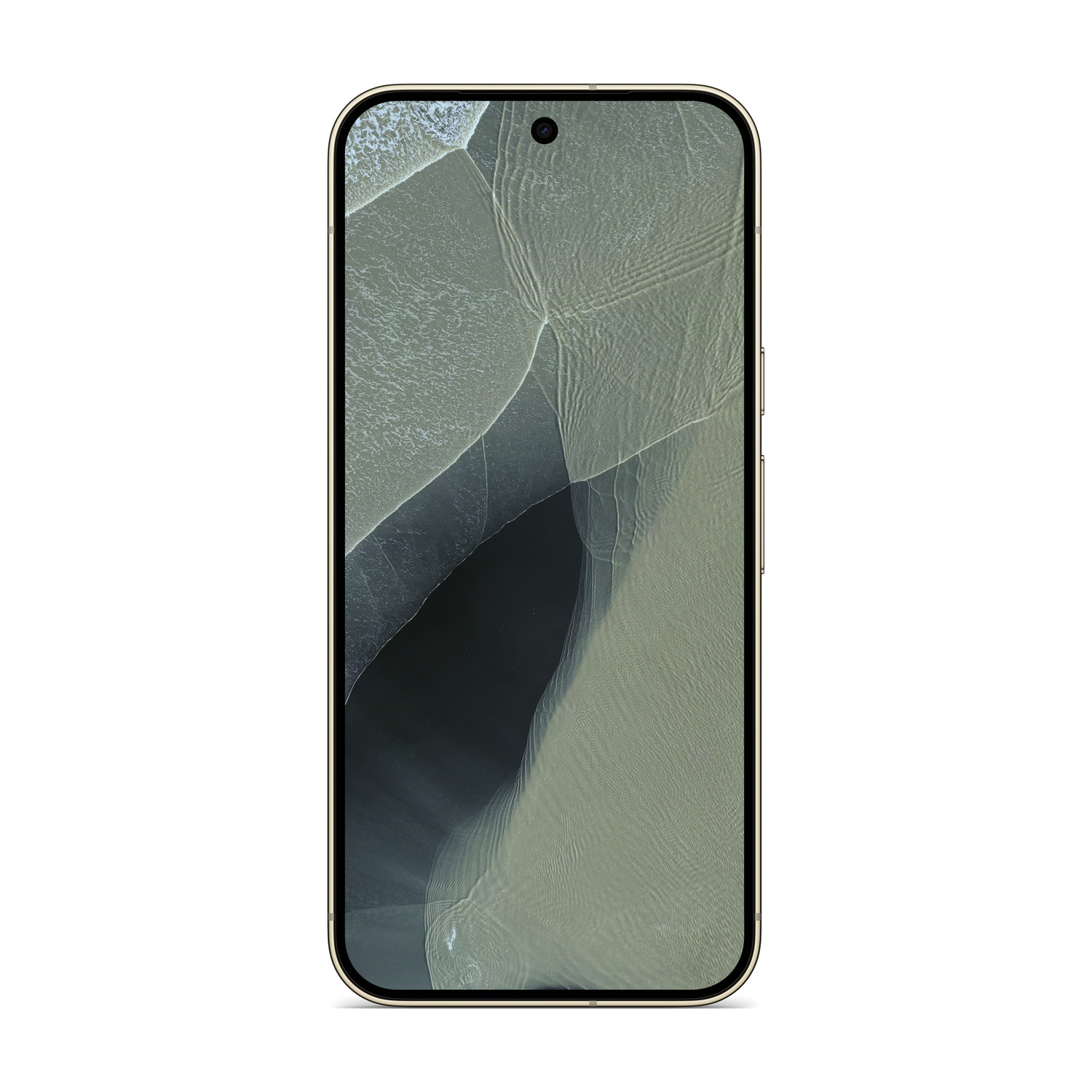 Uno smartphone con cornice dorata mostra un'immagine del mare e della spiaggia.